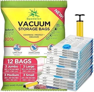 Vacuum Storage Bags - Pack of 12 (3 Jumbo + 3 Large + 3 Medium + 3 Small) ReUsable with free Hand Pump for travel packing | Best Sealer Bags for Clothes, Duvets, Bedding, Pillows, Blankets, Curtains