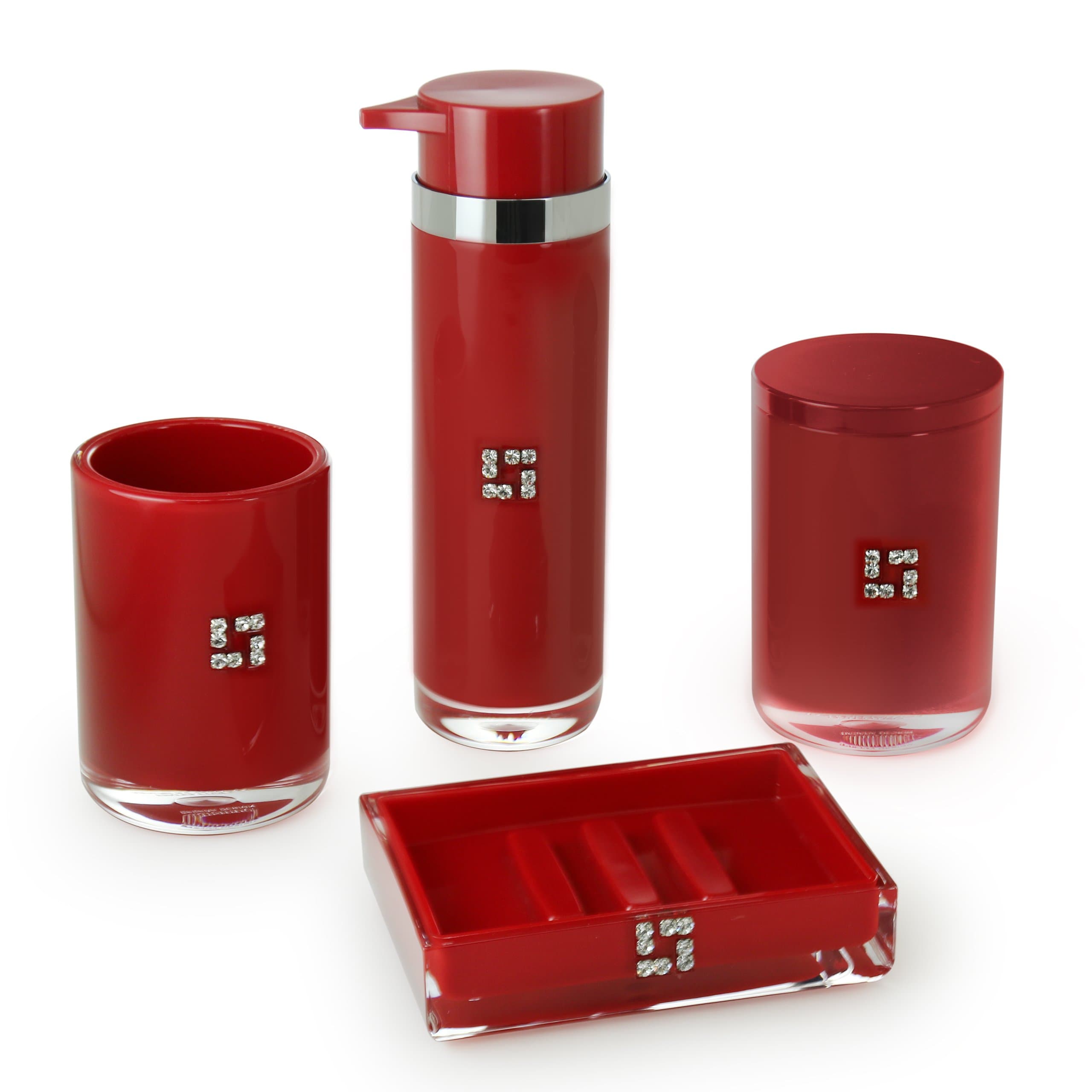 IMMANUEL Royal 4 Piece Red MS Acrylic Bathroom Accessories Set, Crystal Embellishments