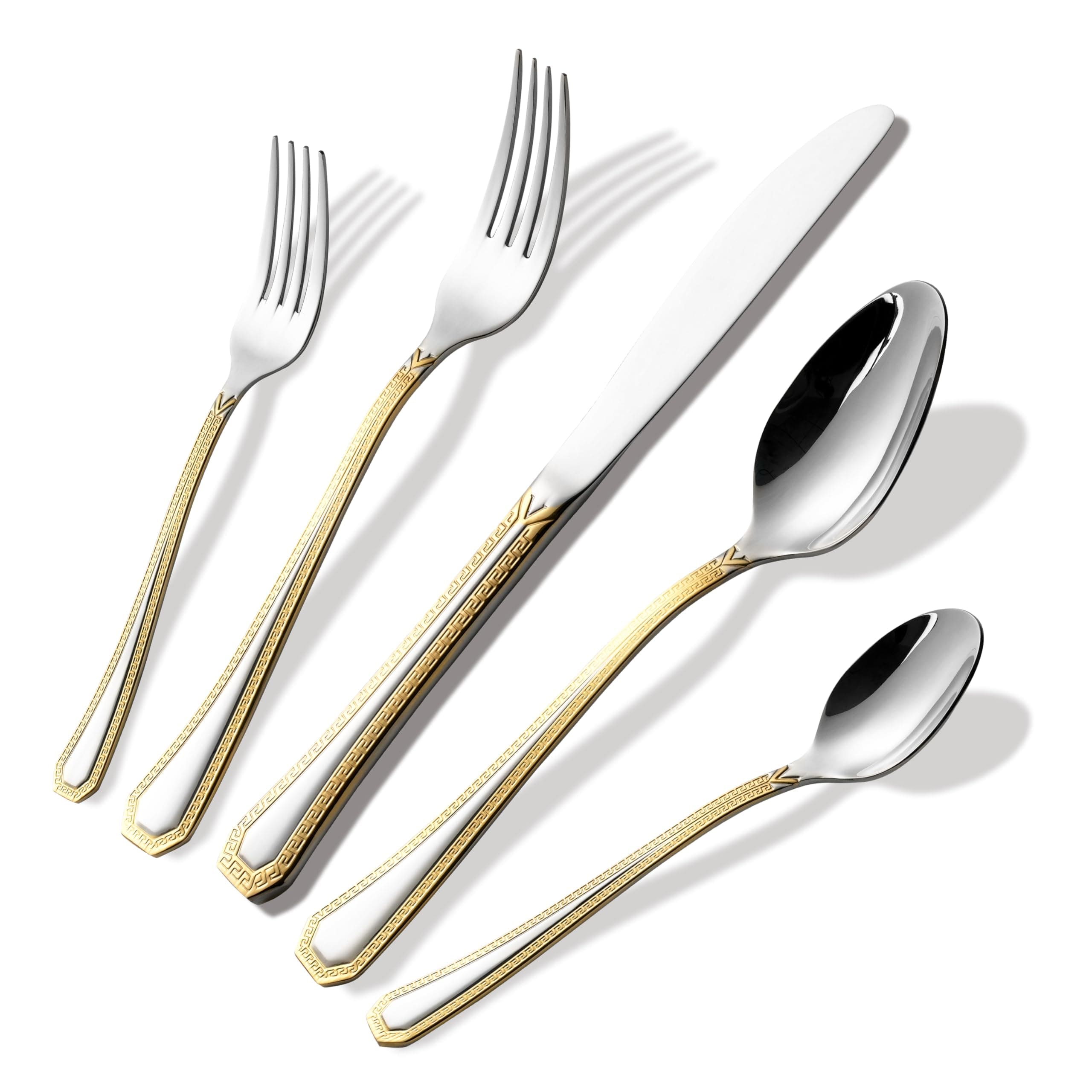 Venezia Collection 'Greek Medusa' 40-Pcs. Fine Flatware Set, Silverware Cutlery Dining Service for 8, Premium 18/10 Surgical Stainless Steel, 24K Gold-Plated Trim