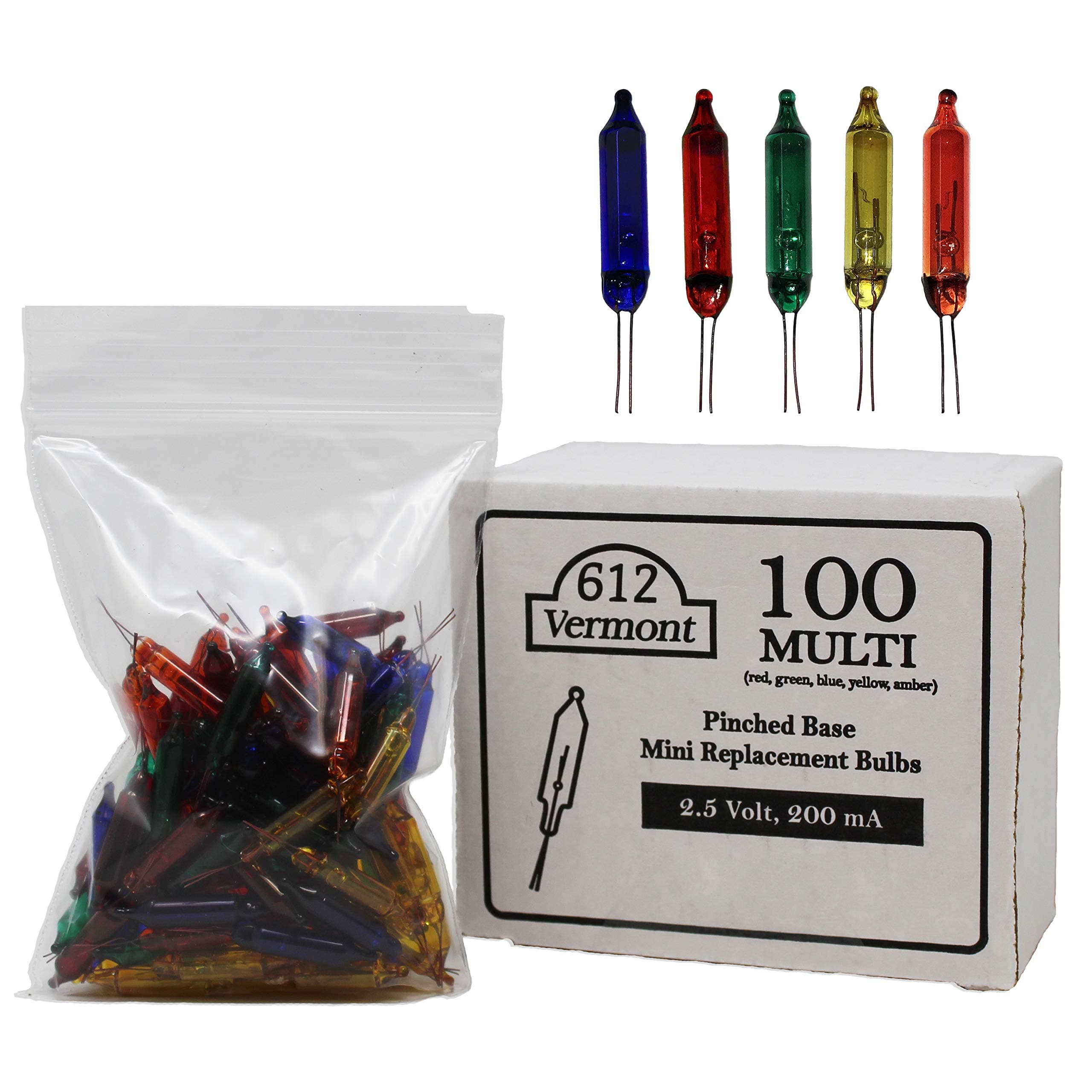 612 Vermont 2.5V Multi Mini Christmas Replacement Bulbs for Christmas Trees and Incandescent String Lights, Pinched Base, 100 Count (0.50 Watt, 200 mA)