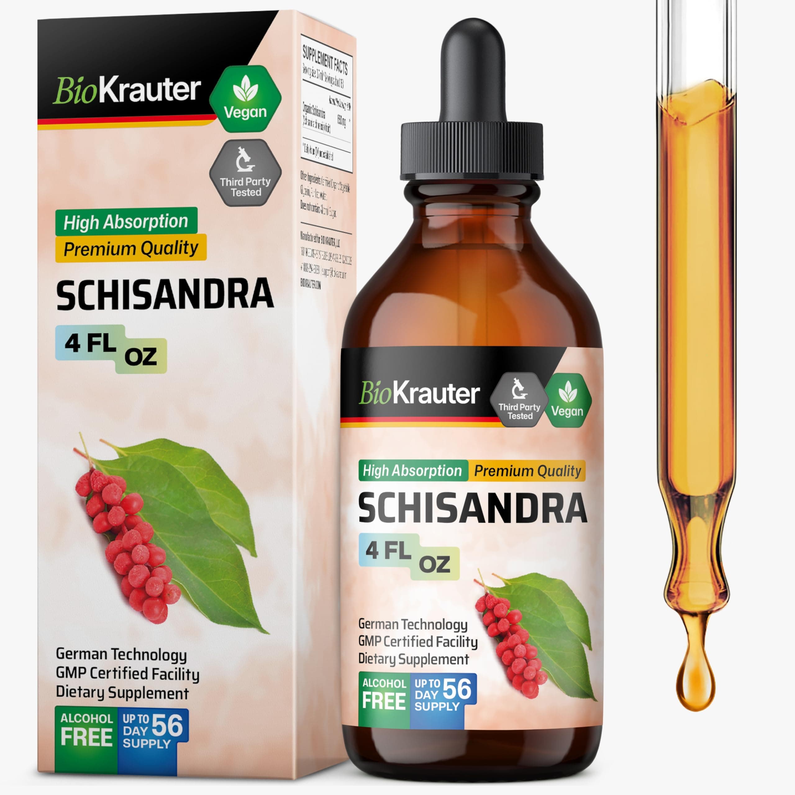 BIO KRAUTER® Schisandra - Liquid Drops Schisandra Berry 650 mg per Serving 4 Fl.Oz 56-Day Supply - Pure Vegan Calm & Mood Support Supplement - Alcohol & Sugar Free - Natural Calm Drops for Relaxation