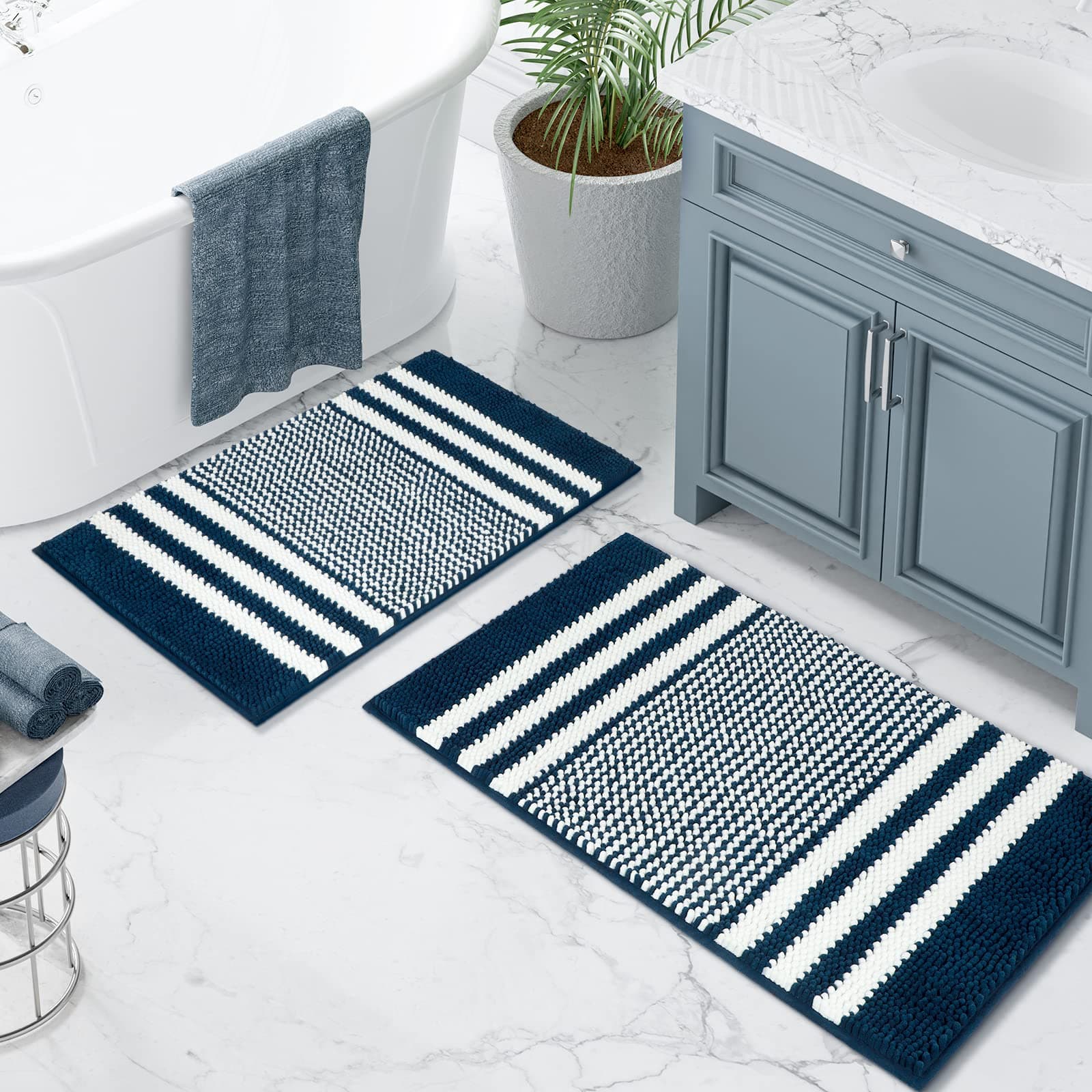 Tindbea Bathroom Rugs Set 2 Piece, Extra Soft and Absorbent Fluffy Striped Chenille Bath Mat Rug Set, Non Slip Bathroom Floor Mat, Machine Washable (20" x 32" Plus 16" x 24", Navy Blue)