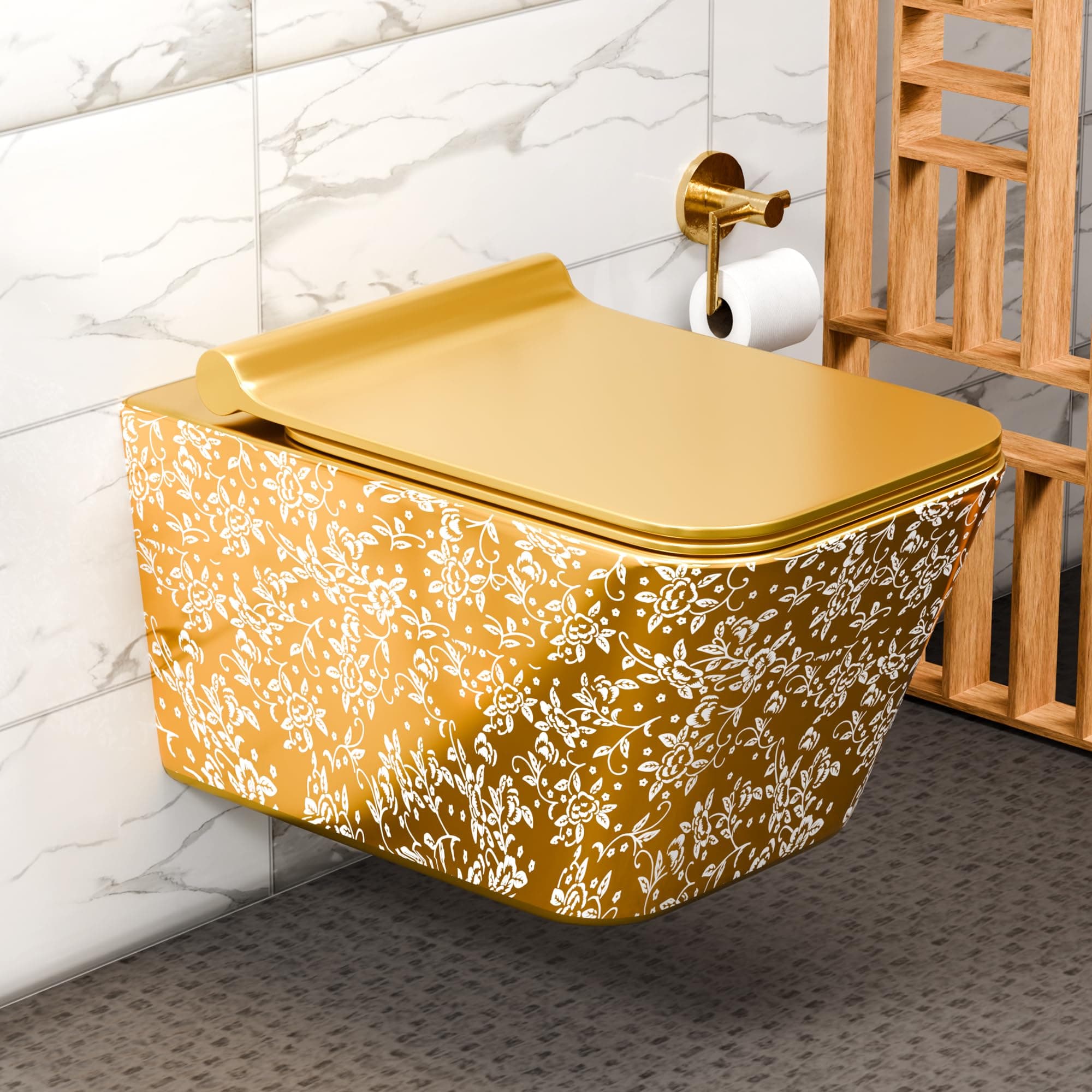 InArt Ceramic Commode Wall Mount/Wall Hung Western Toilet/Water Closet/EWC/WC/European Commode for Bathrooms P Trap Outlet is from Wall with Soft Close Seat Cover Square (Gold Leaf Pattern)