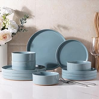 AmorArc Ceramic Dinnerware Set for 4 | Stoneware Plates and Bowls with Wooden Style Bottom | Scratch Resistant, Dishwasher & Microwave Safe Dishes Sets- 12-Pcs Blue