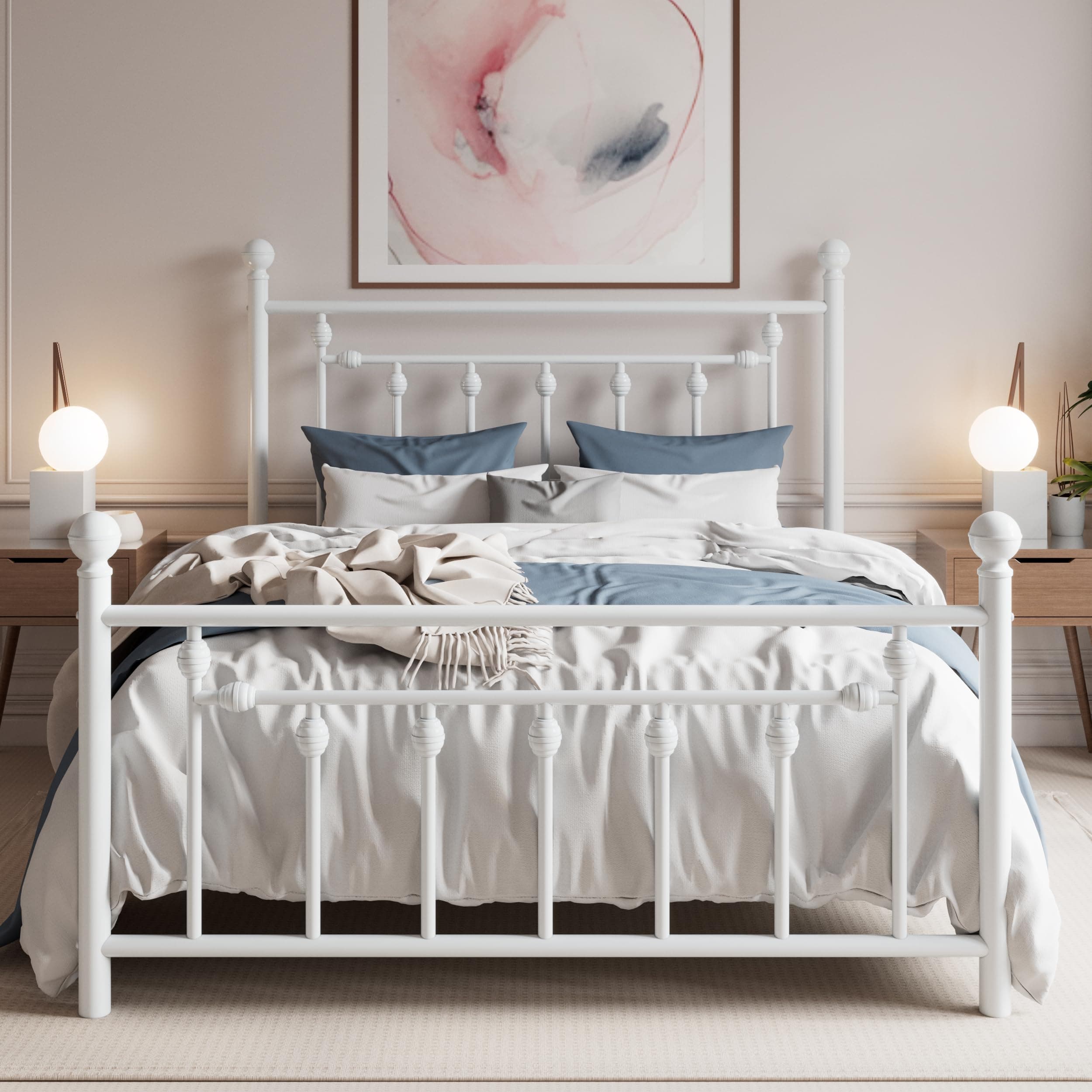 SHA CERLIN 14'' Queen Size Metal Platform Bed Frame/Victorian Headboard and Footboard/Steel Slats Mattress Foundation for Storage/No Box Spring Needed/Noise Free/Off-White