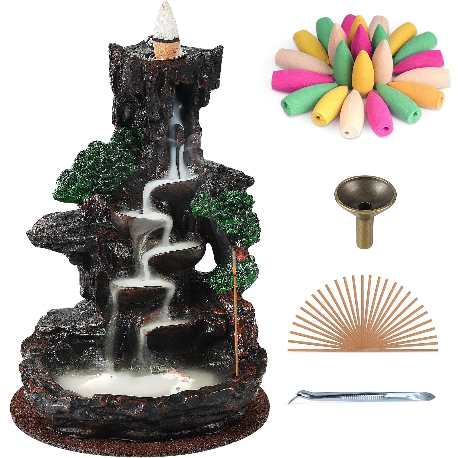 SOLEJAZZ Backflow Incense Burner Waterfall/Mountain Tower Incense Holders, with 120 Backflow Incense Cones, 30 Incense Sticks, Home Decor Aromatcherapy Ornamen