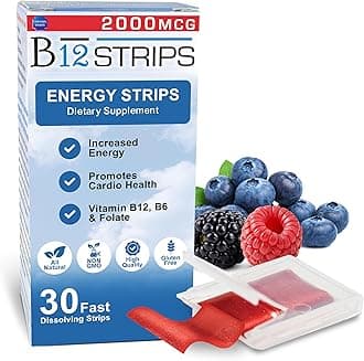 2,000 mcg Methylcobalamin Vitamin B12 Sublingual Energy Strips | Biotin, B6, 5-MTHF L-Methylfolate | Sublingual B12 Vitamins, Folate | Energy, Brain Health, Nerve Function - 30 Strips