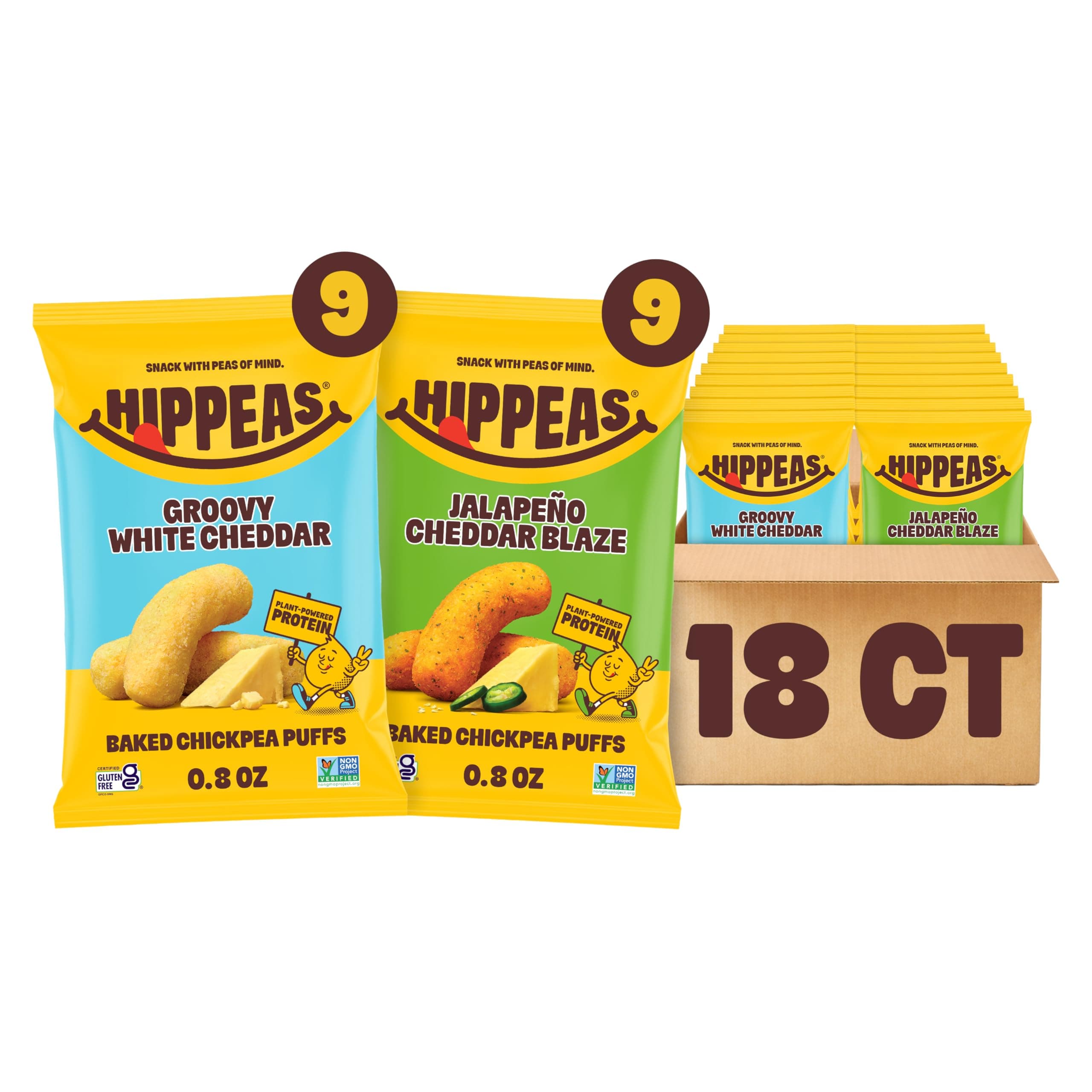 Hippeas Chickpea Puffs, Cheeze Variety Pack: Groovy White Cheddar, Jalapeno Cheddar (0.8oz) Pack of 18, 3g Protein, 2g Fiber, Dairy Free, Gluten Free, Crunch, Plant Protein Snacks
