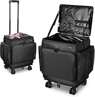 BYOOTIQUE Rolling Makeup Train Case Soft Sided Travel Cosmetic Organizer Storage 1680D Nylon Fabric Trolley Suitcase Mobile Barber Station, Black