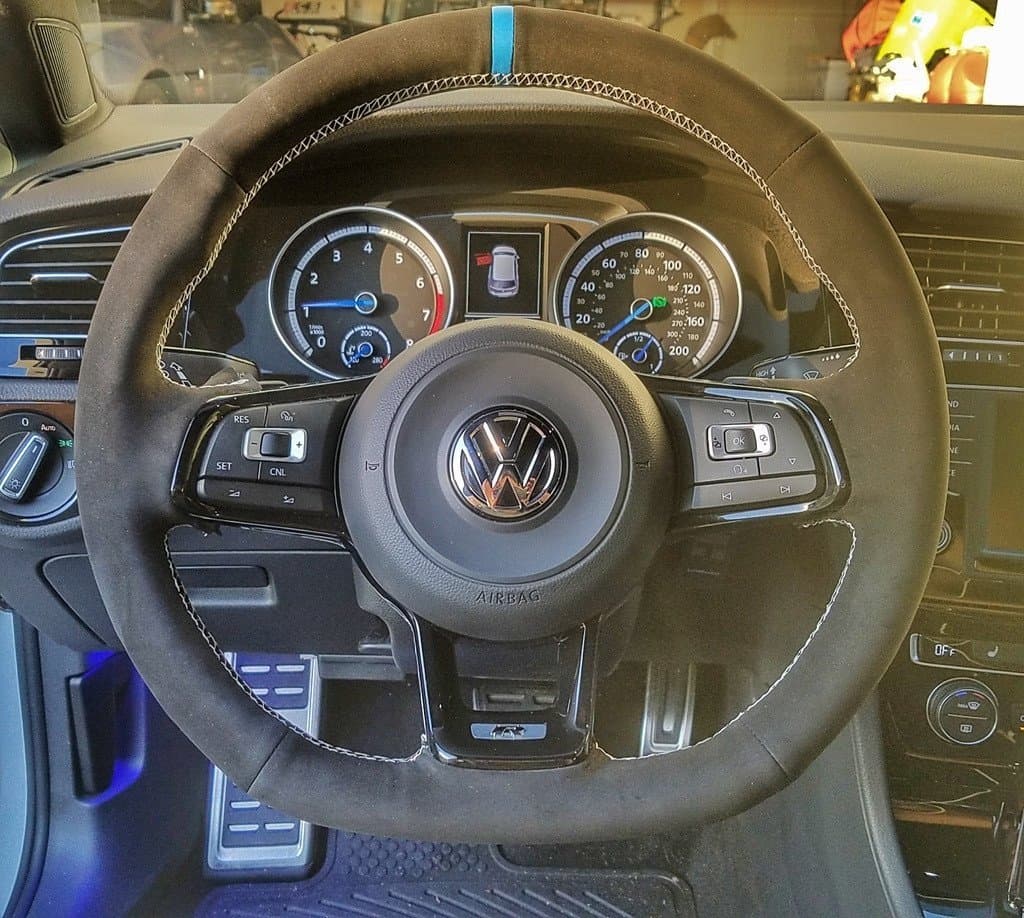 Custom Stitching and 12 o'clock Marker Steering Wheel Cover for VW MK6 MK7 Golf Scirocco Polo R GTI GLI (MK7, White)