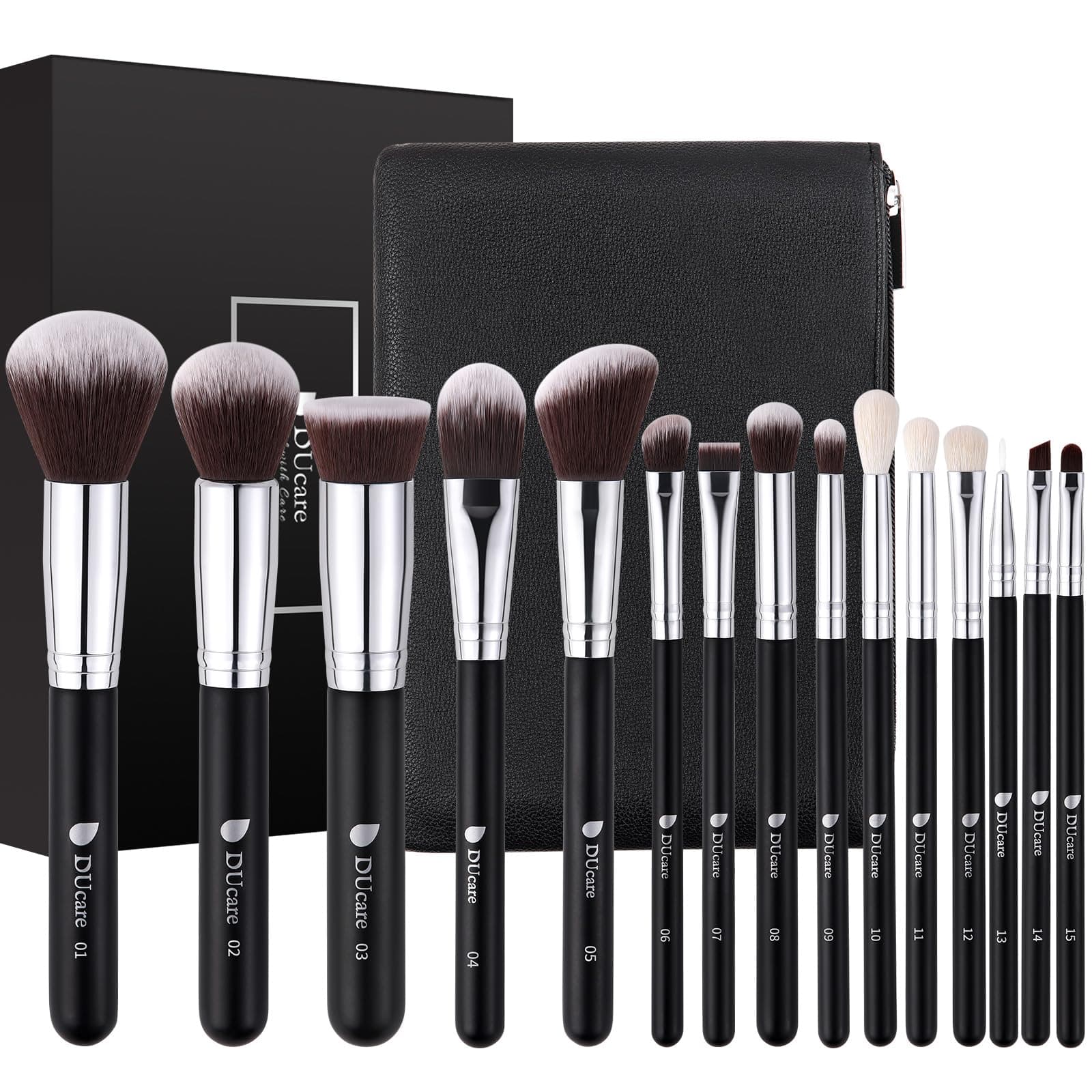 DUcare Makeup Brushes with Travel Case 15Pcs Makeup Brush Set Travel Kabuki Foundation Blending Blush Eyeliner Shadow Brow Concealer Brushes Kit