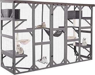 Aivituvin Catio Outdoor Cat Enclosure Window Box Wall Mounted Wooden Cat House Playground with Scratching Posts, Baskets, Resting House, Shelves and Bridge for Multiple Kitties,104" x 34" x 69.5"