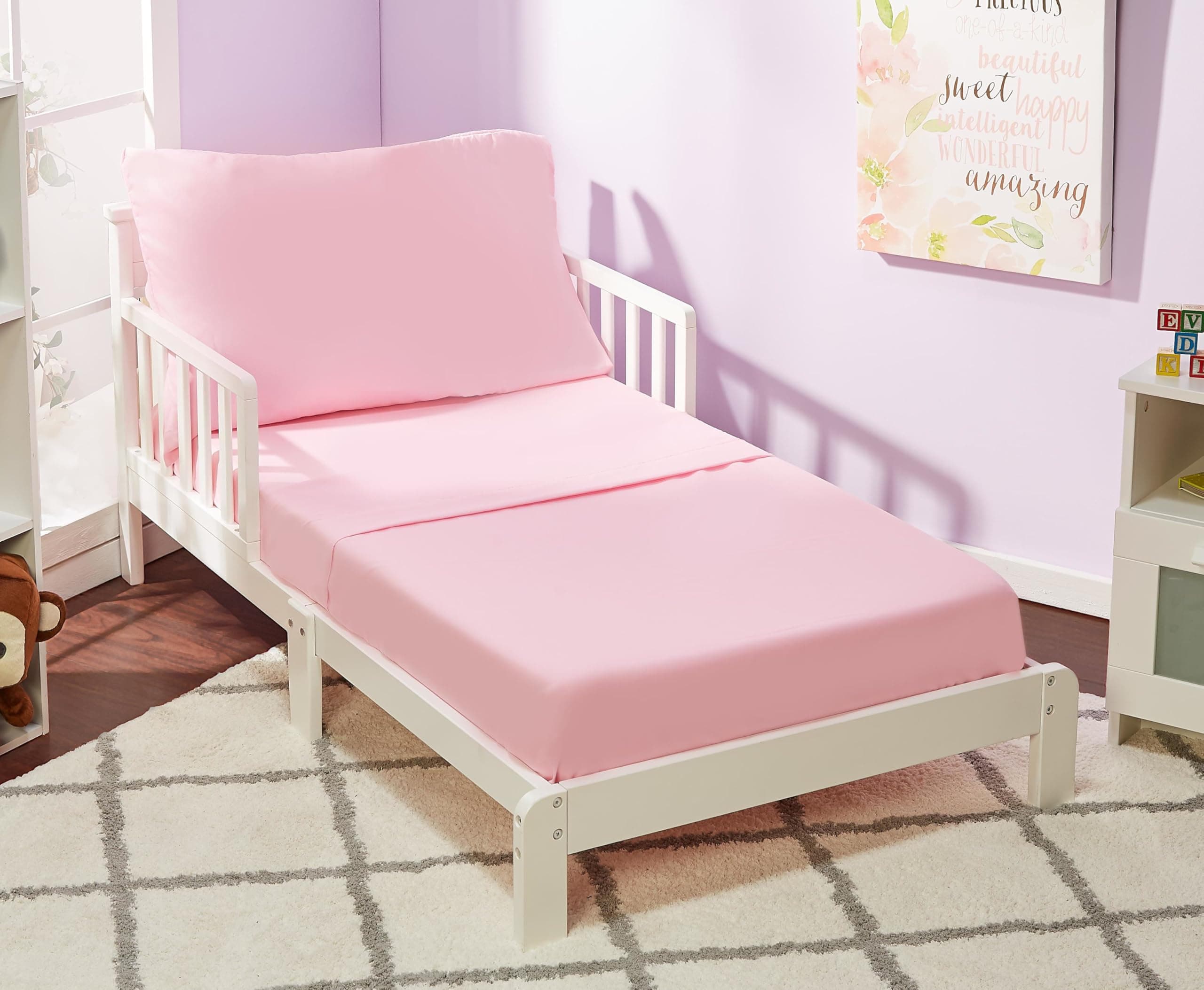 EVERYDAY KIDS 3 Piece Toddler Sheet Set - Soft Breathable Microfiber Toddler Bedding - Includes a Flat Sheet, a Fitted Sheet and a Pillowcase - Solid Pink