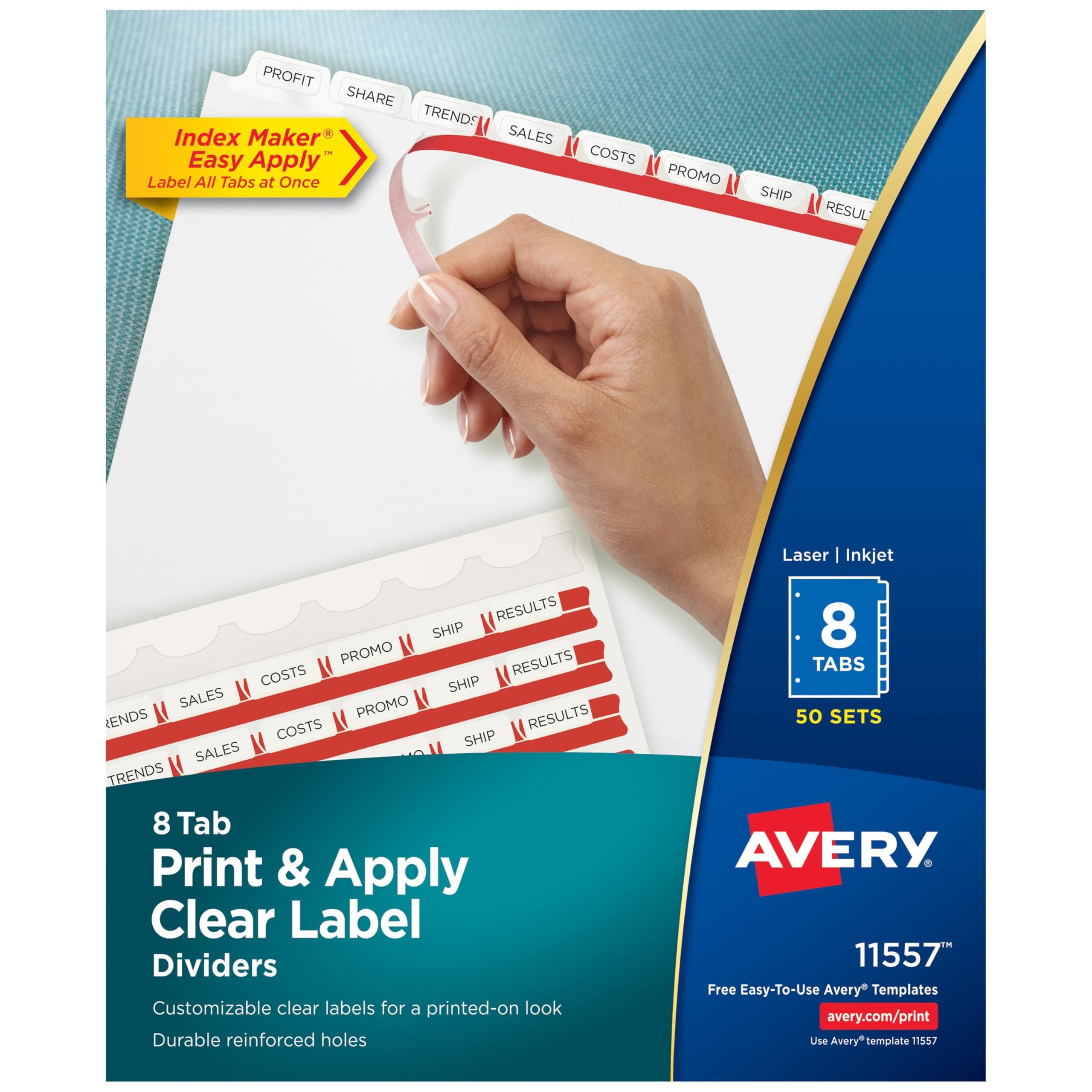 Avery 8-Tab Binder Dividers, Easy Print & Apply Clear Label Strip, Index Maker, White Tabs, 50 Sets (11557)