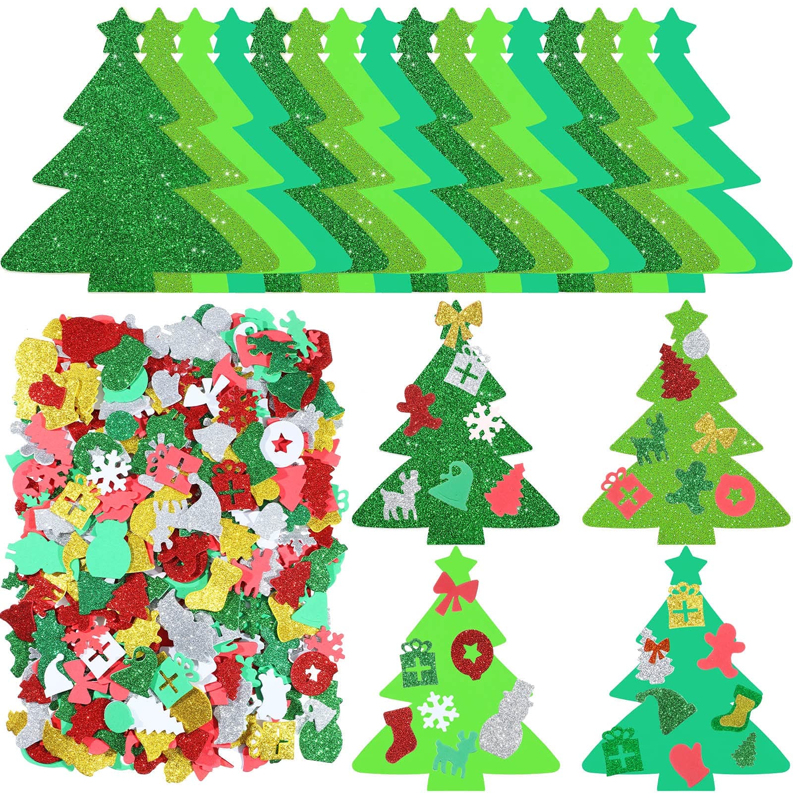 Outus 24 Kits DIY Christmas Tree Foam Stickers Bulk Self Adhesive Holiday Winter Glitter Foam Stickers Christmas Tree Craft Kits for Kids Party Favors Fun Home Activities