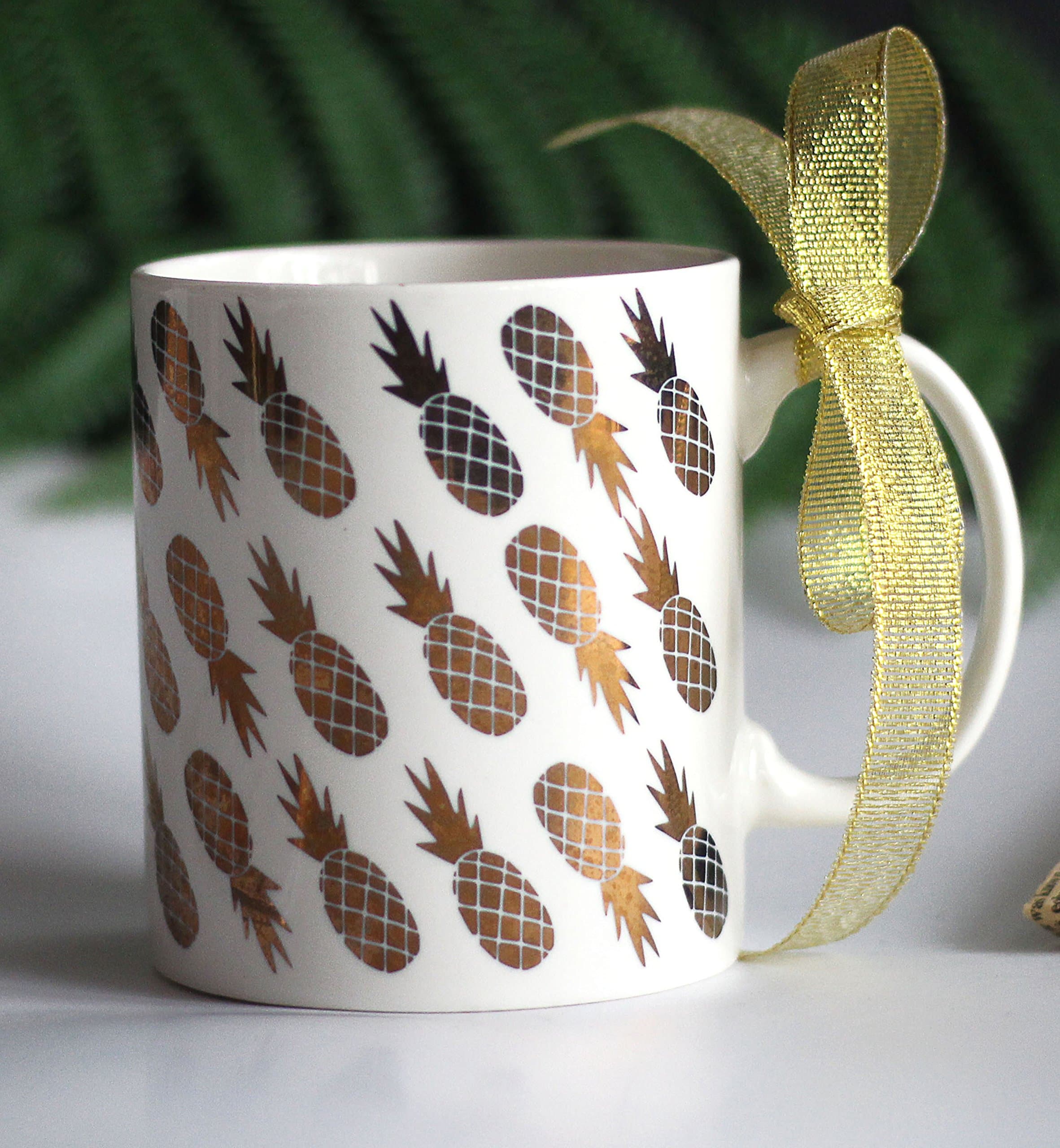 Pineapple Gold Coffee Mug Ceramic Milk Cup Handle Gold Ribbon 11oz (White)
