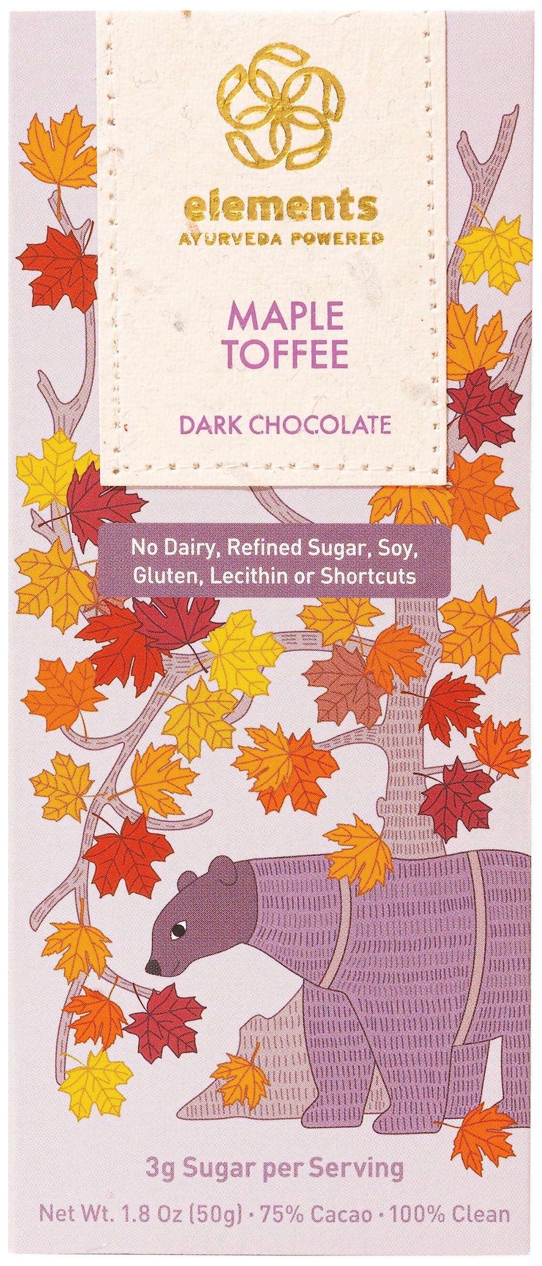 Elements Truffles Maple Toffee Flavoured Dark Chocolate Bar| Ayurvedic, Vegan & Gluten Free | No Refined Sugar & Artificial Flavours | Enriched with Cocoa, Coconut Sugar & Moringa 50g
