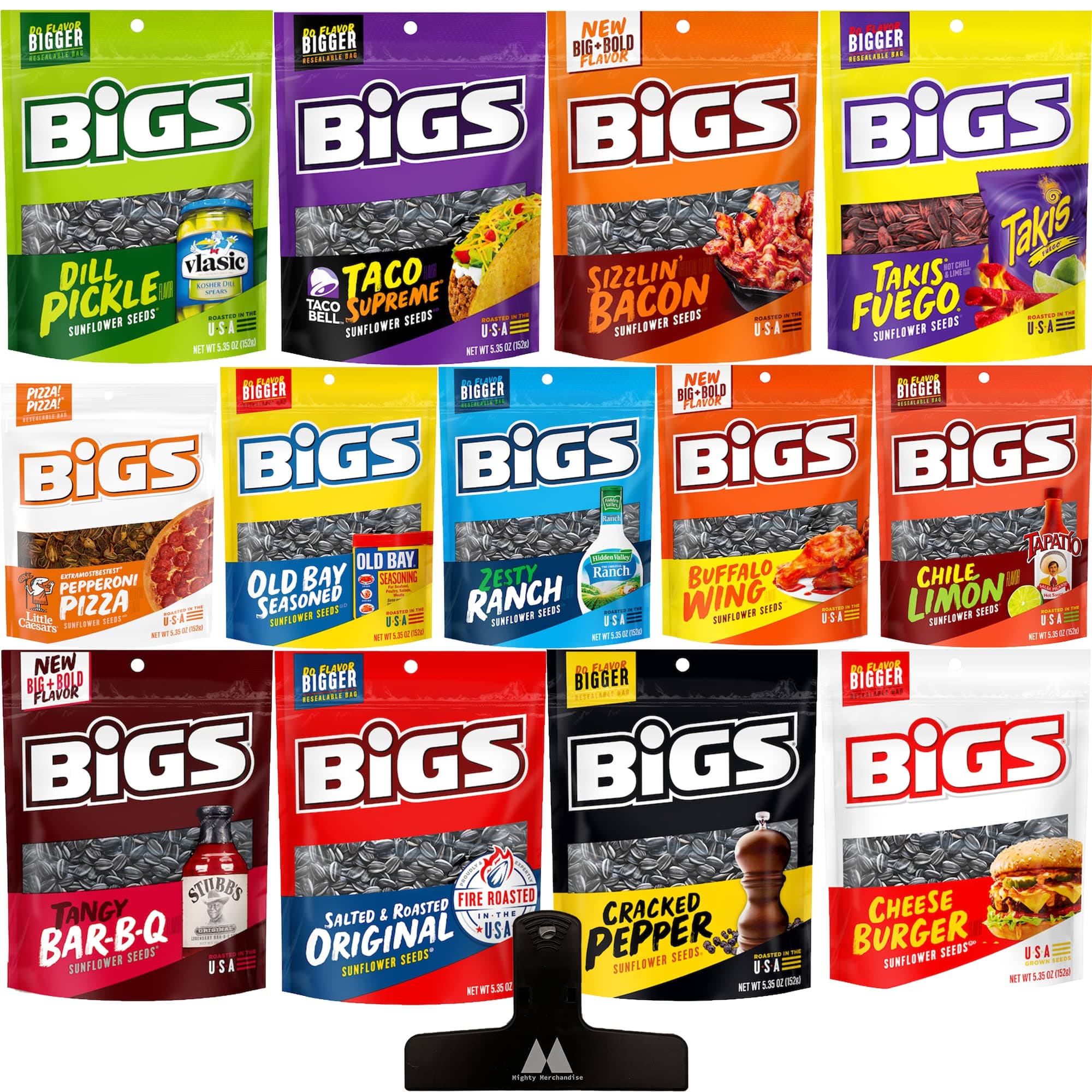 Bigs Sunflower Seeds Ultimate Variety Pack Sampler - Includes 12 Flavors - 5.35 Ounces Each - With Mighty Merchandise Magnetic Bag Clip