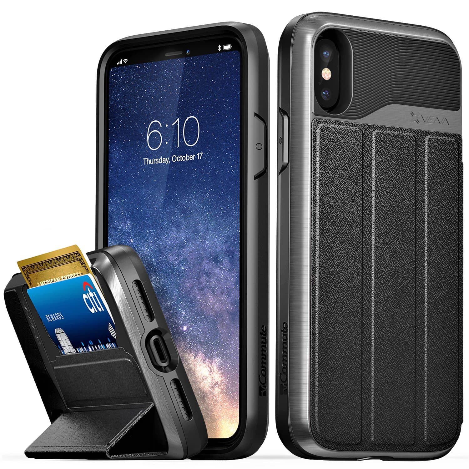 VENA iPhone Xs/X Wallet Case, [vCommute][Military Grade Drop Protection] Flip Leather Cover Card Slot Holder with Kickstand Compatible with Apple iPhone Xs 2018 / X 2017 5.8" (Space Gray/Black)