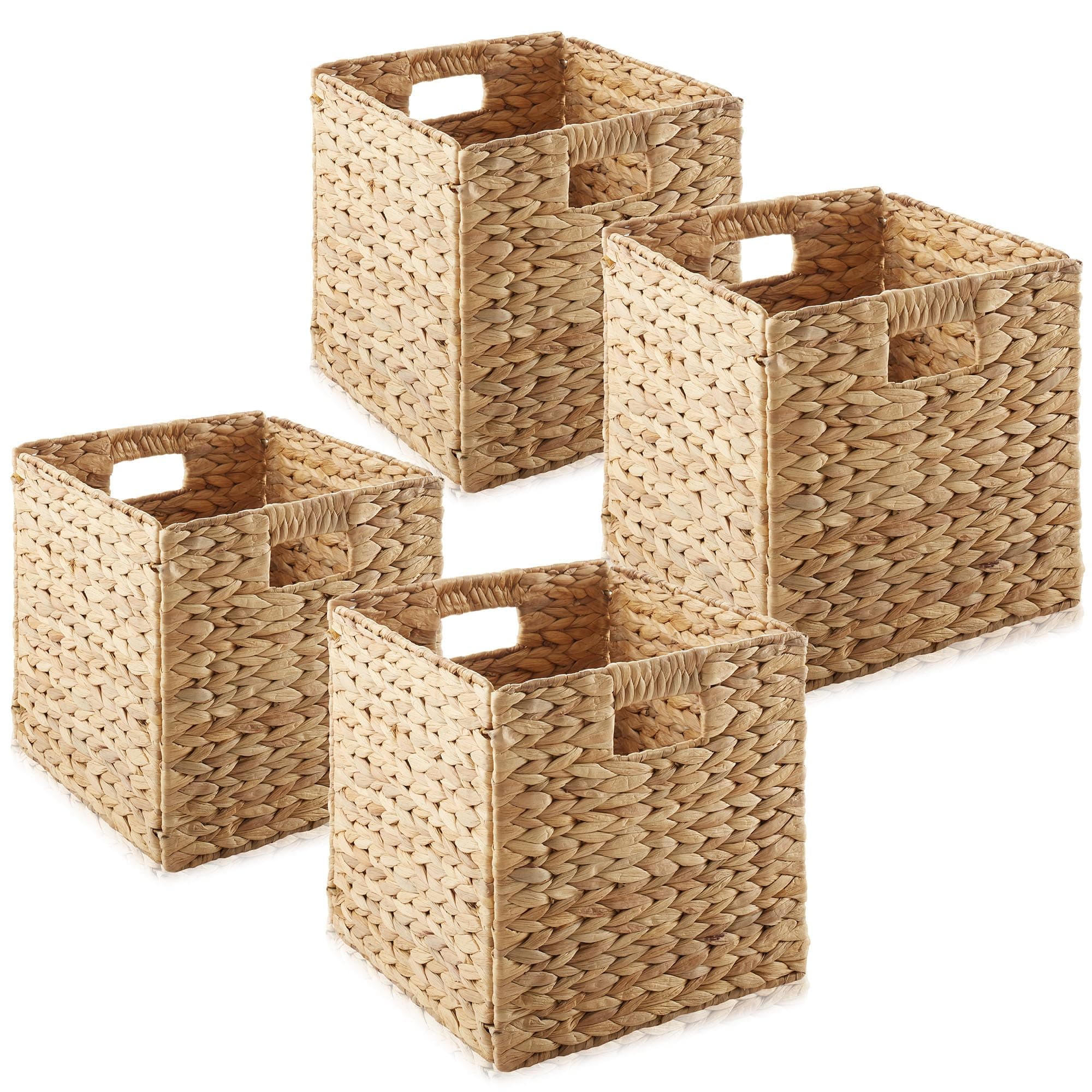 10.5" x 10.5" Water Hyacinth Storage Baskets, Natural - Set of 4 Collapsible Cube Organizers, Woven Bins for Bathroom, Bedroom, Laundry, Pantry, Shelves