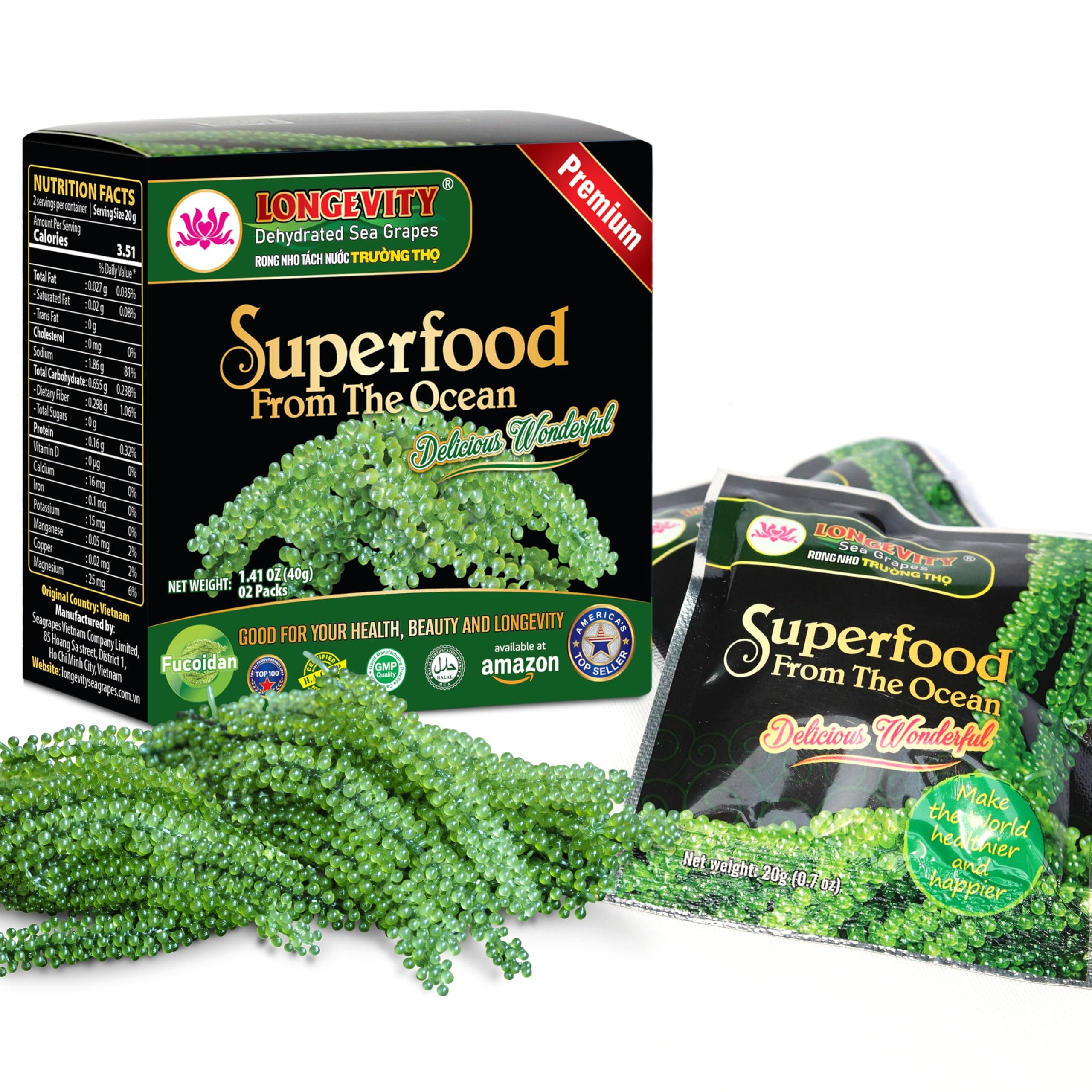 LONGEVITY Dehydrated Sea Grapes, 1.4 oz of (Pack of 2), Umibudo Green Caviar, Lato Seaweed | Enhance Health, Boosting Immune System, Valued Natural Gift From Sea (Original, 40g)