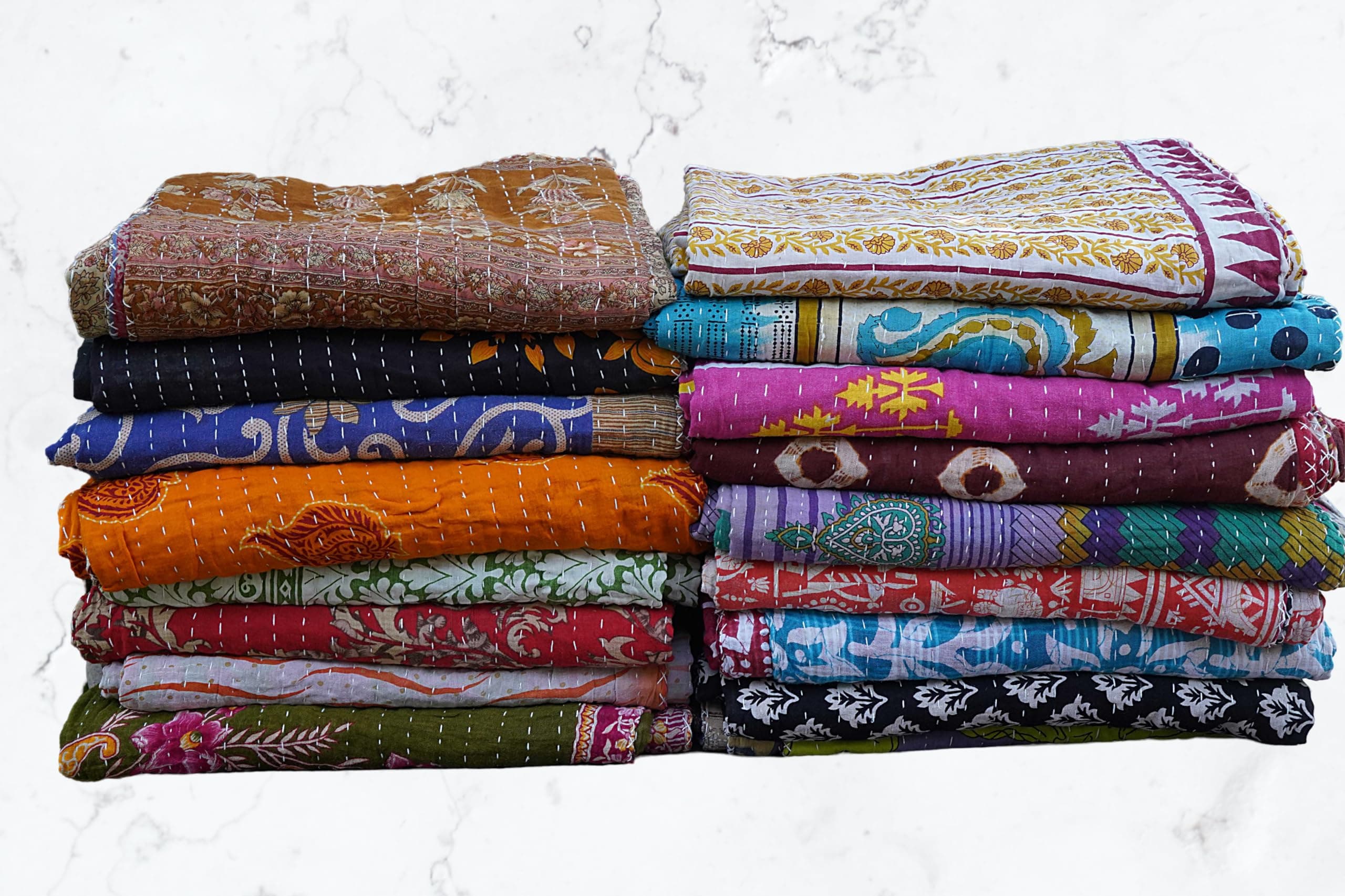 Boho Sanskriti インディアンキルトヴィンテージベッドスプレッド、スロー、ラリ、ロットカンタリバーシブルベッドカバーベッドスプレッドスローコットンブランケットグダリ-シングルピース、ツイン