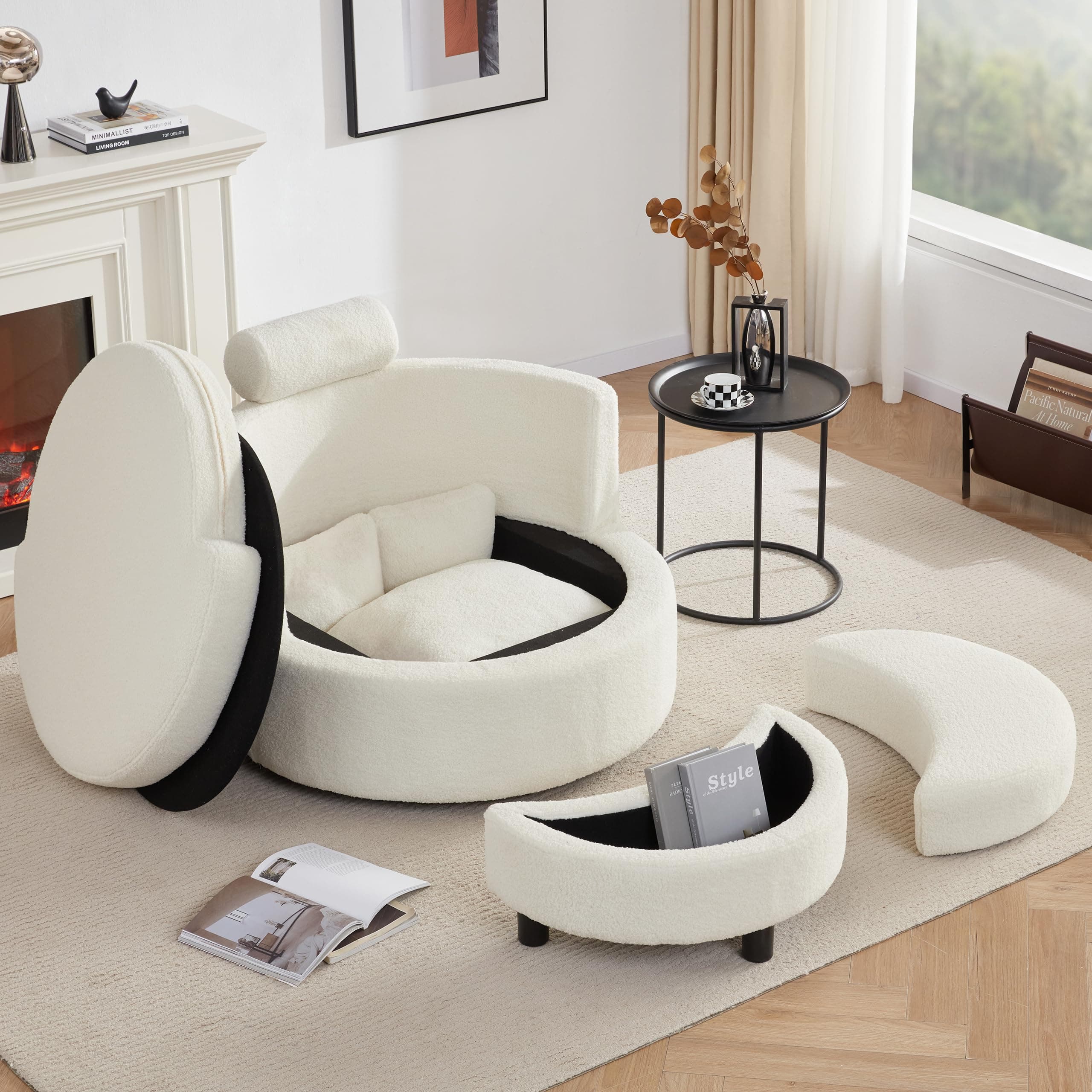 39.8” Swivel Accent Barrel Chair with Storage, Oversized Round Chairs with Half Moon Ottoman, Swivel Barrel Chaise Lounge Indoor with Neck Support Pillow, Barrel Chairs for Living Room, Beige