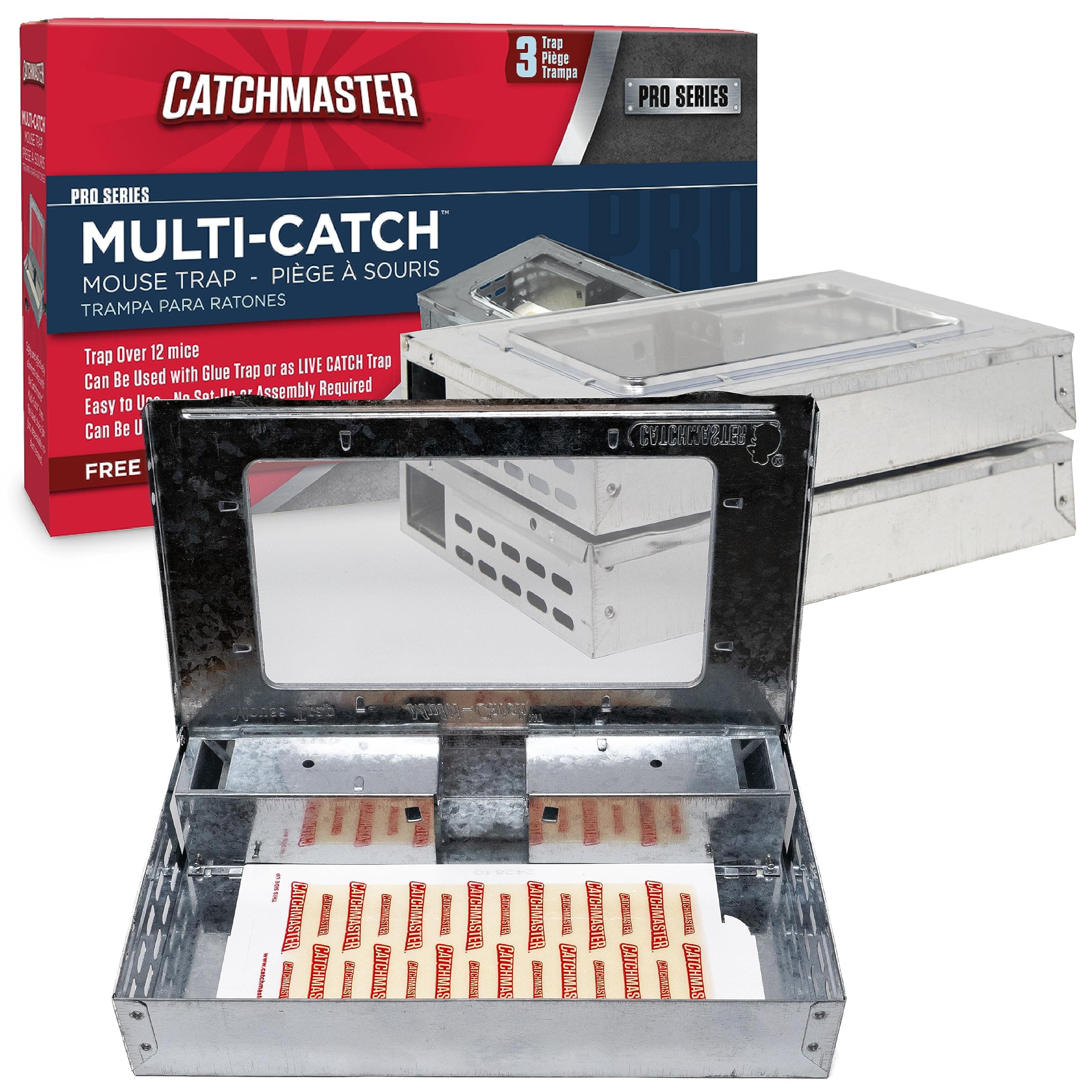 Catchmaster Multi-Catch Mouse Trap 3-Pack, Humane Mouse Traps Indoor for Home, Includes Replaceable Glue Board, Live Catch Pest Control for Garage & Shed