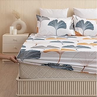- HOMEMONDE 100% Cotton Fitted Bed Sheet for Super King Size Bed, Leaf Printed All Around Elastic Bedsheet (84 x 78 Inch) with 2 Pillow Cover | Perfect for Home Decor & Gifting