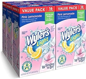Wyler's Light Singles To Go Powder Packets, Water Drink Mix, Pink Lemonade, 16 Count, 6 Boxes (96 Single Servings)