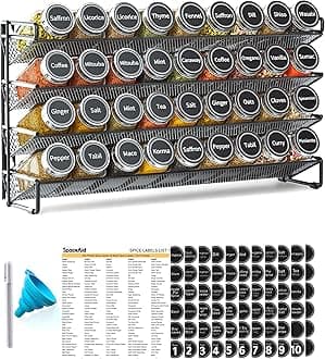 SpaceAid Spice Rack Organizer with 36 Spice Jars, 386 Spice Labels, Chalk Marker and Funnel Set for Cabinet, Countertop, Pantry, Cupboard or Door & Wall Mount - 36 Jars, 17.2" W × 10.8" H, Black