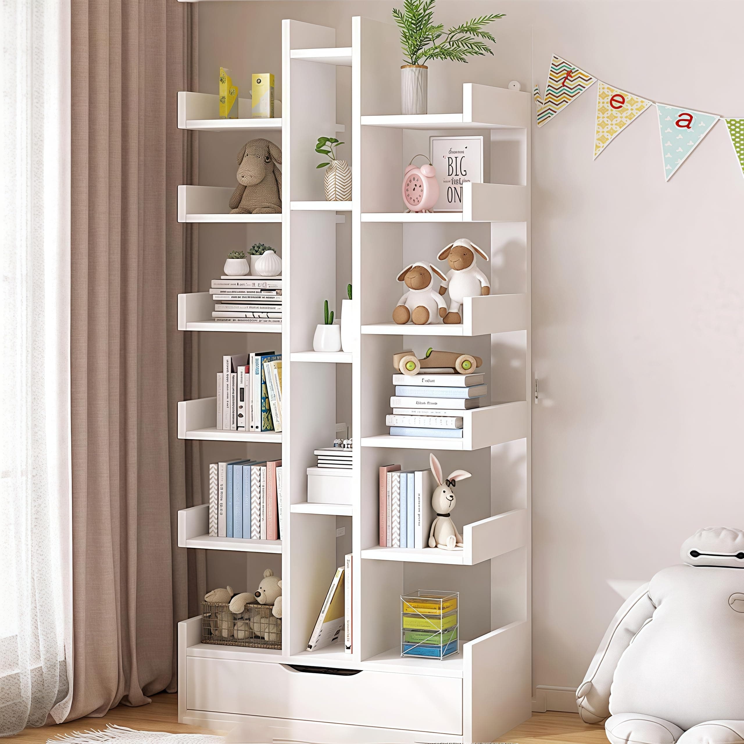 JOMILA Bookcases Floor Standing Tree-Shaped Bookcase Free Standing Open Book Shelves 18 Tier Display Storage Shelves Bookshelves Wood Storage Shelf Organizer Shelves White (White, 50 * 18 * 169cm)