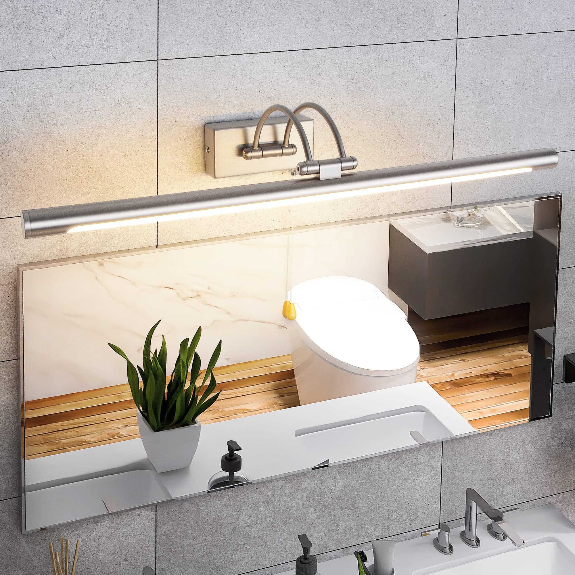 MantoLite60CM LED Bathroom Wall Lights with Pull Cord Swivel Lamp Head Long Silver Wall Lights for Pictures,Frames&Art Painting IP44 Over Mirror Lamp for Shaving 12W