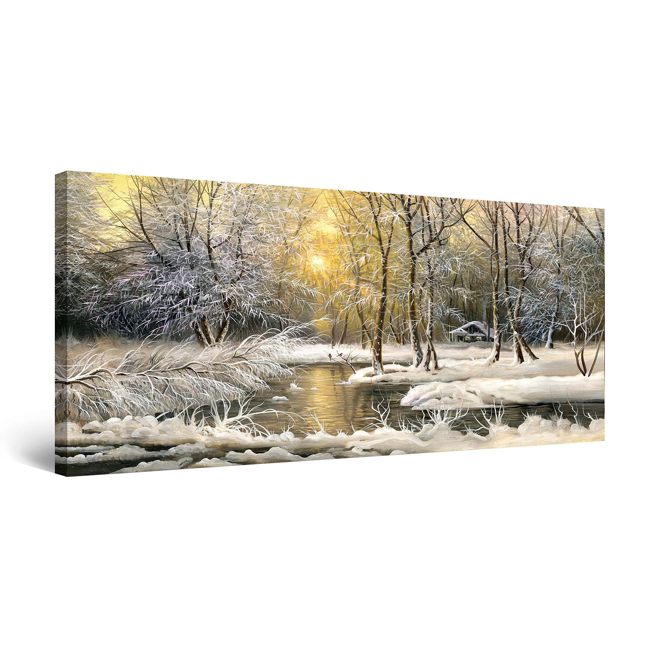 StartonightCanvas Wall Art Winter on The Lake - Landscape Framed 24 x 48 Inches