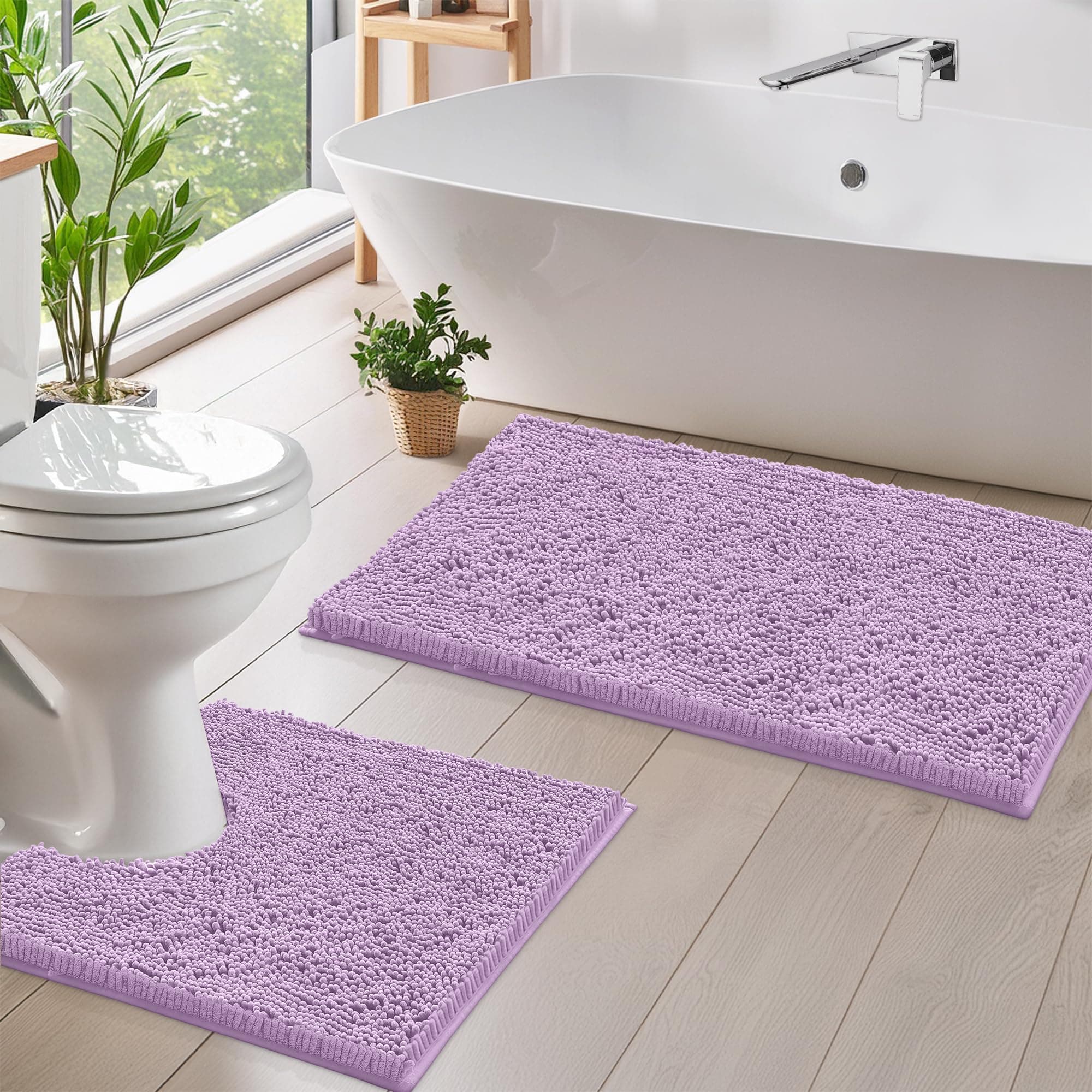 LuxUrux Bathroom Rugs Sets 2 Piece: Quick Dry, Soft Plush Anti-Slip, Super Absorbent. Includes Rectangular (31x20 inches) & U-Shaped Toilet Mat (20x20 inches) | LavenderOEKO-TEX STANDARD 100
