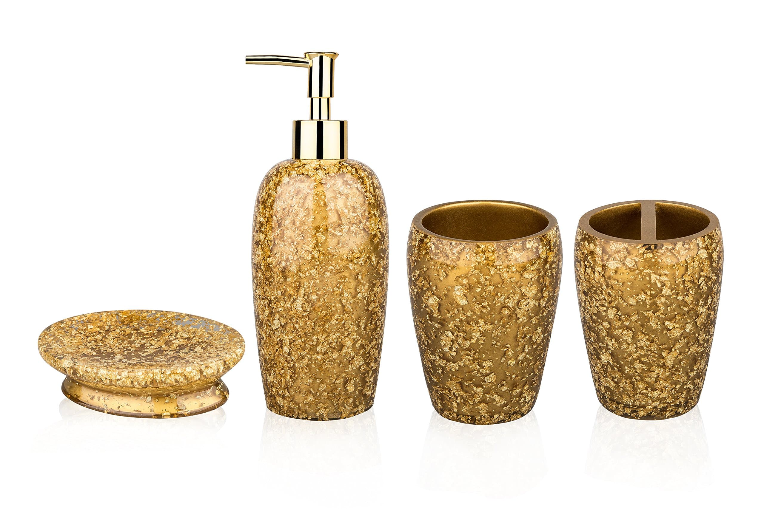 SILOKO Resin 4 Piece Bathroom Accessory Set Broken Goldleaf Soap Dispenser,Soap Dish,Toothbrush Holder&Tumbler Goldleaf