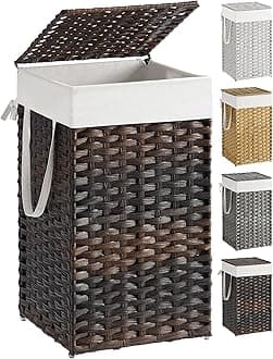 SONGMICS Laundry Hamper with Lid, 17.2 Gallon (65 L) Synthetic Rattan Clothes Laundry Basket with Lid and Handles, Foldable, Removable Liner, Chestnut Brown ULCB165K01