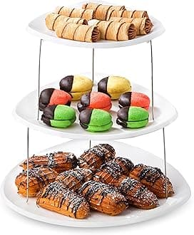 Twist Fold Party Tray, 3 Tier - The Decorative Plastic Appetizer Trays Twist Down and Fold Inside for Minimal Storage Space. An Elegant Tray for Serving Sandwiches, Cake, Sliced Cheese and Deli Meat.