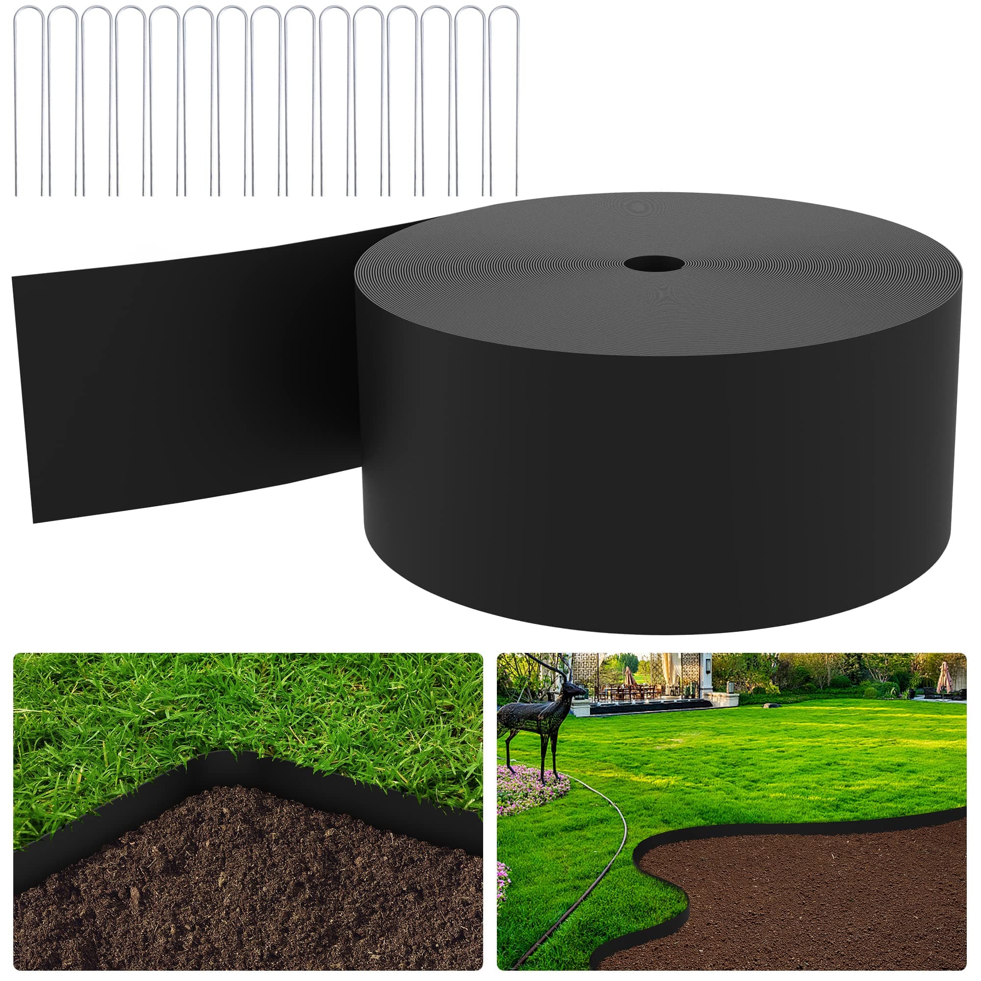 15M Flexible Plastic Lawn Edging Garden Edging, 12CM Depth Lawn Landscape Garden Edging with 15 Metal Nails, Landscape Grass Border for Backyard Driveway Path Sidewalk