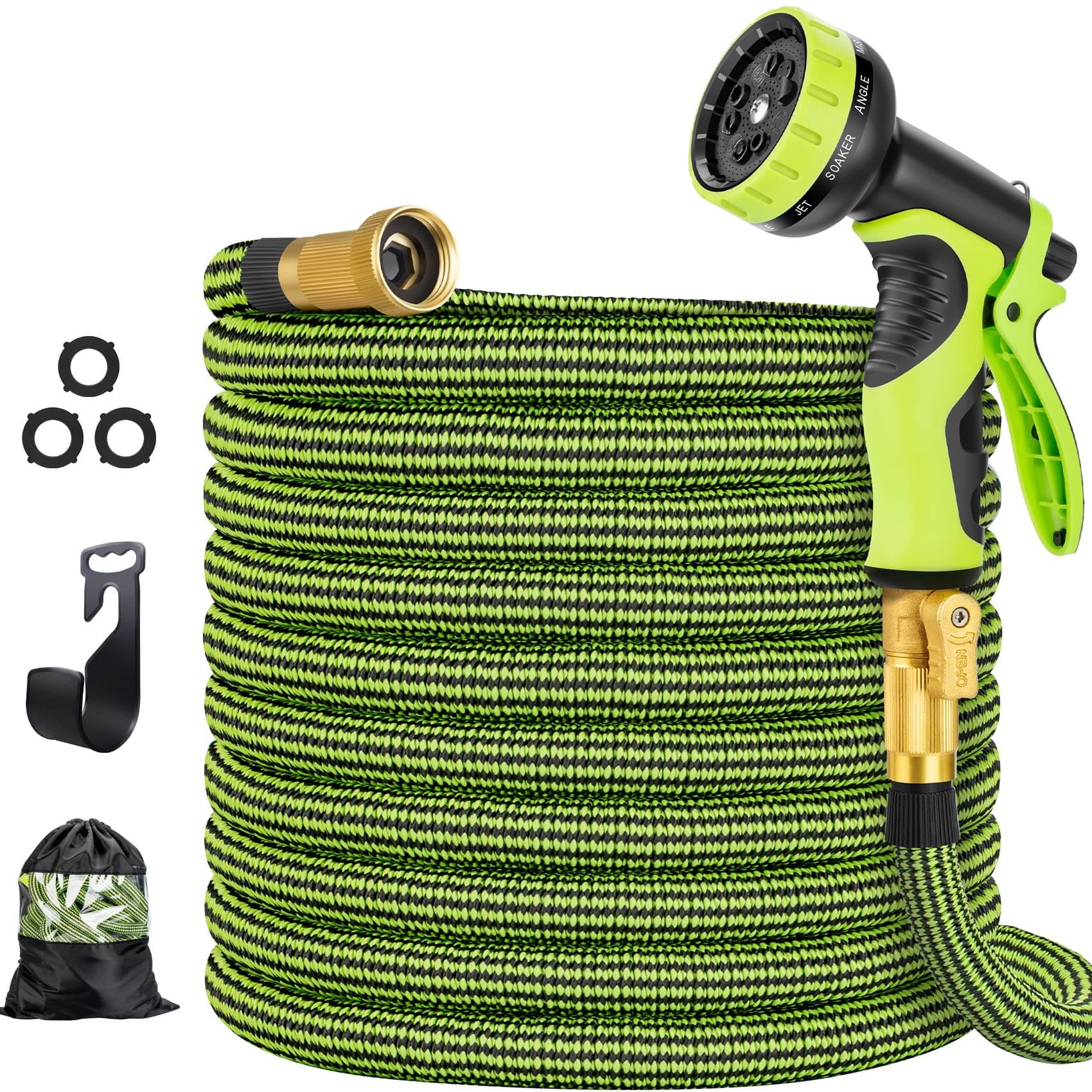 HOSPAIP Garden Hose 50 ft Water Hose with 10 Function Hose Nozzle, Expandable Garden Hose with Hose Holder, Flexible Lightweight Water Pipe with Brass Fittings, Expanding Car Wash Hose (Green)