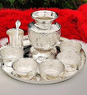 German Silver Pooja thali Set 9 Pieces for Housewarming Pooja/Diwali Pooja/Gift
