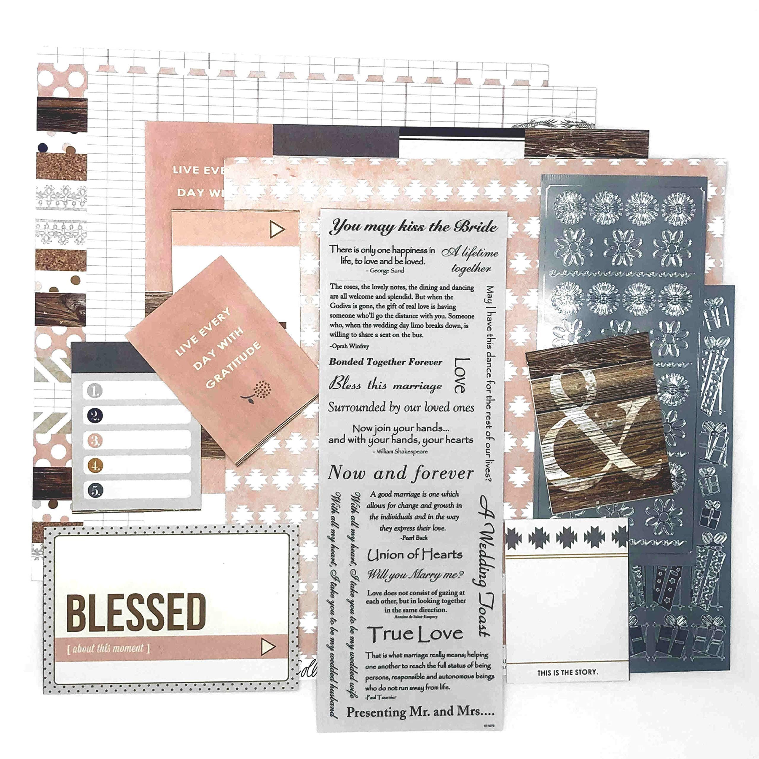 Rustic Wedding - Scrapbook Kit | Wedding Scrapbook Stickers | 12 x 12 Designer Cardstock Paper | Wedding Scrapbooking, Collection Kit - 87 Pieces!