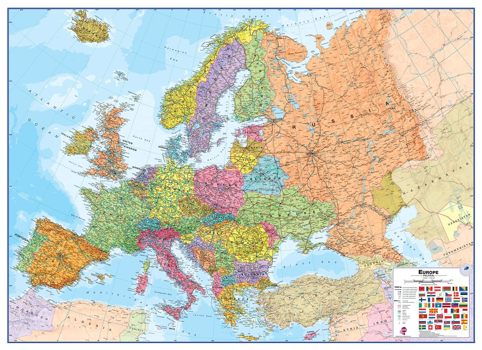 Maps International Large Europe Wall Map (political) - Front Sheet Laminated - 118.9cm (w) x 84.1cm (h)