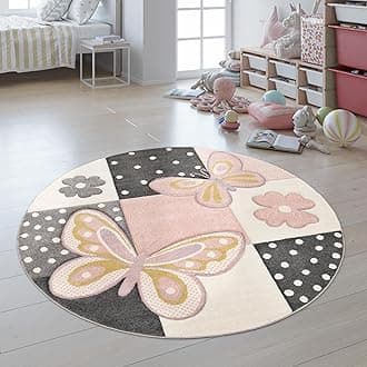 Paco Home Kids Room Rug Pastel Colors Butterflies Check Pattern Spots Flowers Colourful, Size: 4' Round