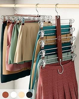 MORALVE Skirt Hangers Space Saving with Clips - 2 Pack - European Beechwood 5-Tier Hanger for Shorts, Skirts, and Trousers - Wardrobe Organizer and Storage Solution for Women with 360° Swivel Hook