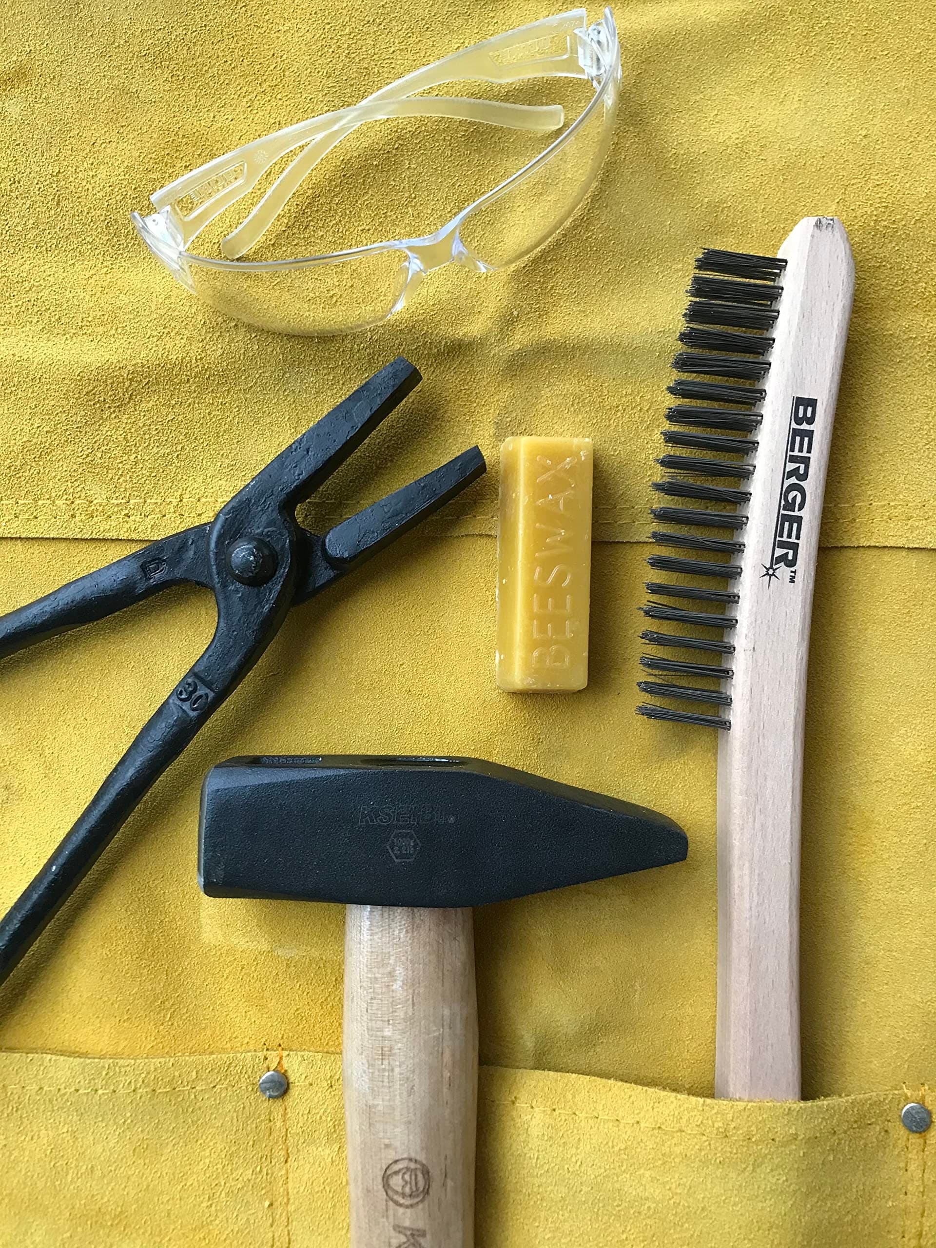 Hammer & Tongs Blacksmith Tools Starter Kit, with Hammer and Tongs, Leather Apron, Safety Glasses, Beeswax, Steel Brush - 6 Item Set