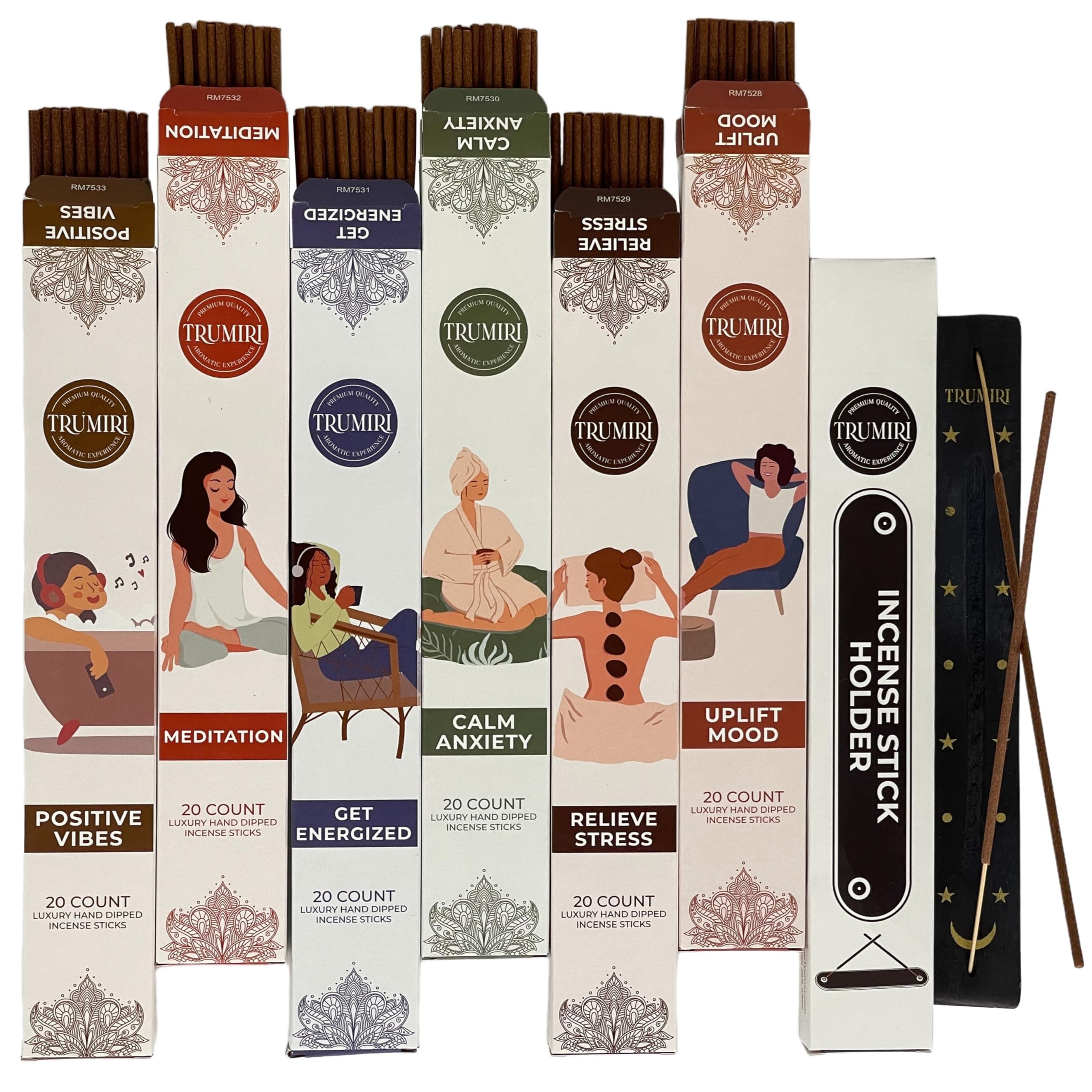 Aromatherapy Incense Sticks - Total 120 Insence-Sticks (20 Insense x 6 Inscents) - Inciensos Aromaticos para La Casa Aroma Incents for Positive Vibes Meditation Stress Relief + Incense Holder
