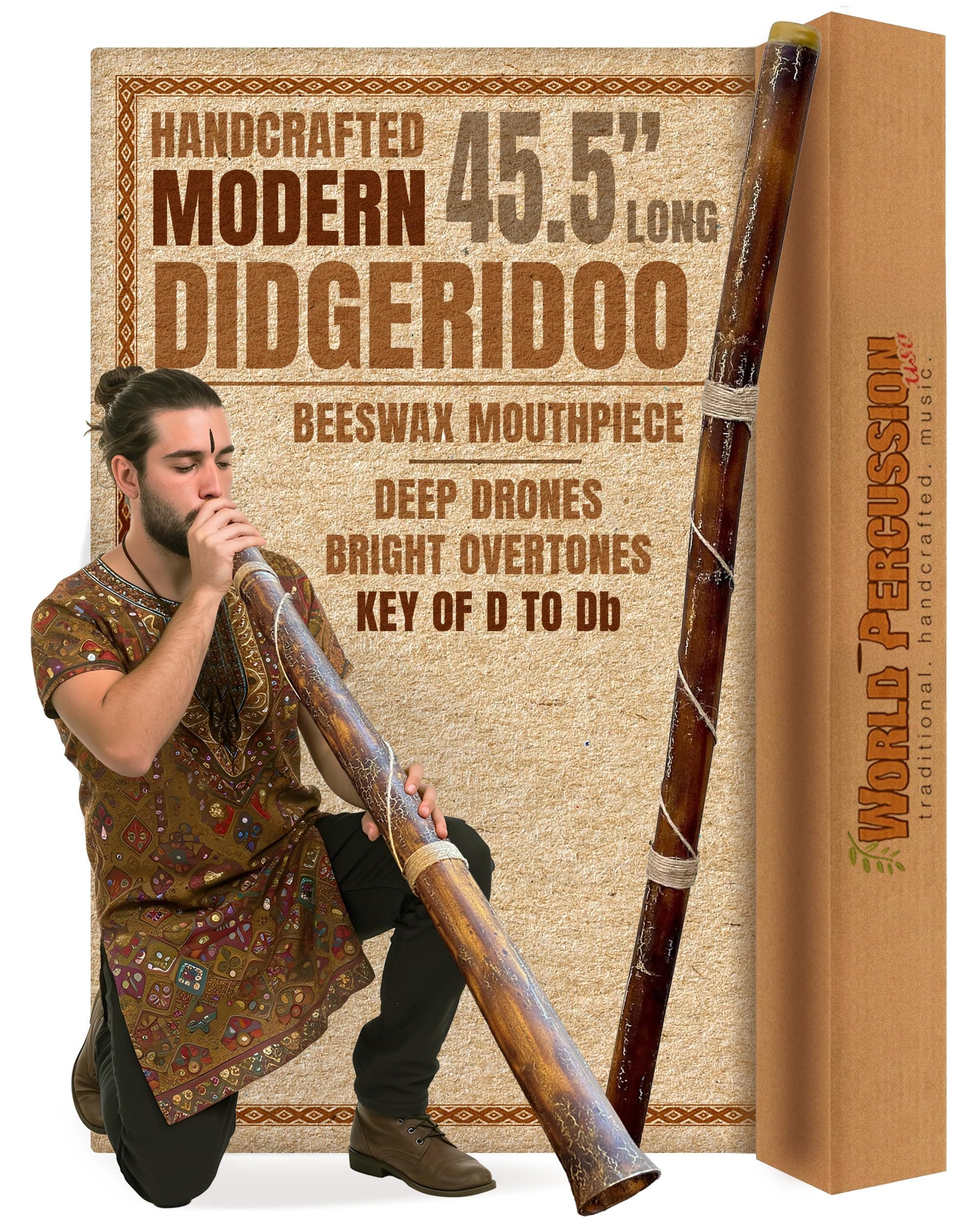 World Percussion USA Hand-fired Modern Didgeridoo - Beeswax Mouthpiece - Easy Player!