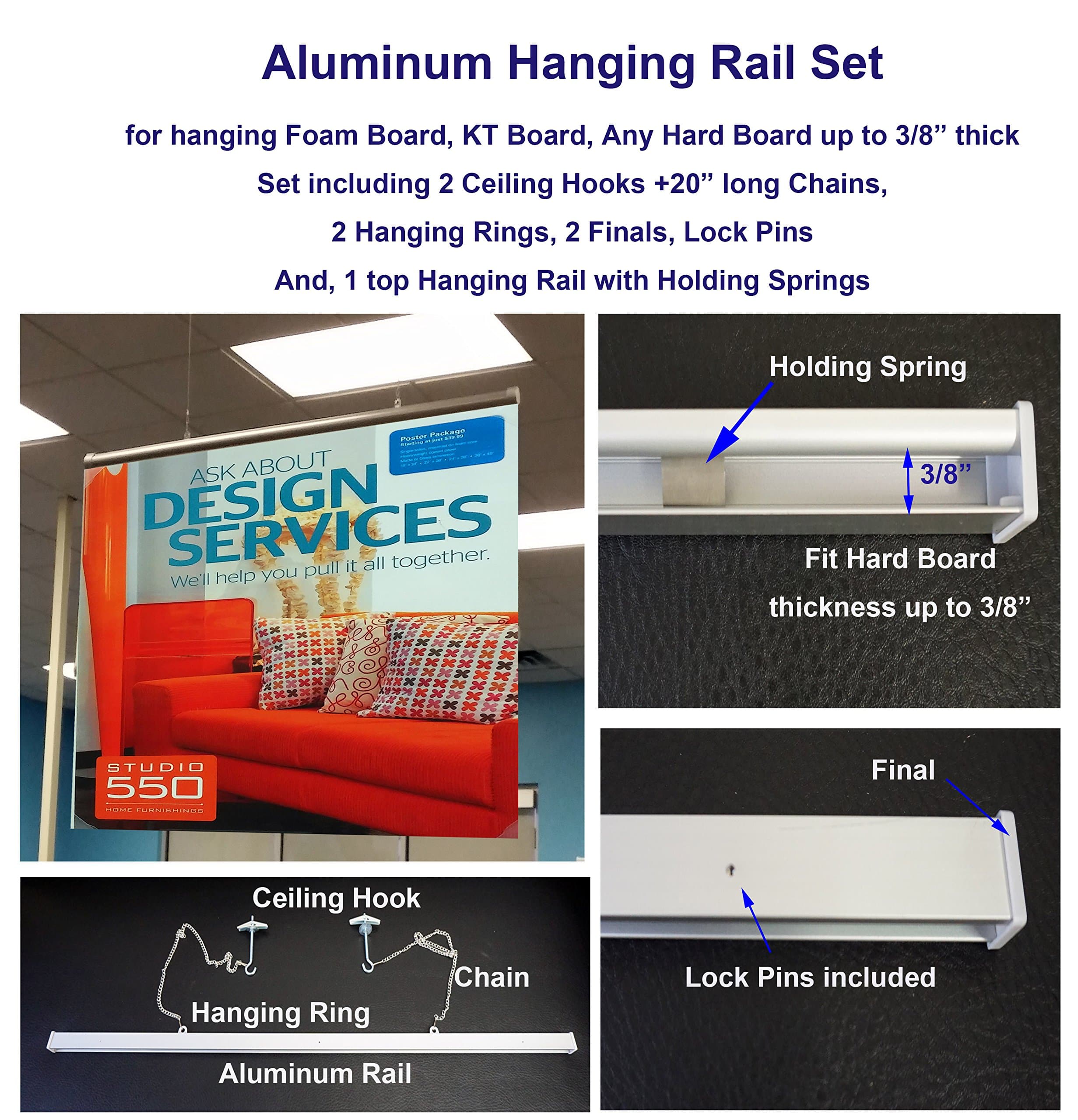 30 Aluminum Rail + Hanging Hardware for Foam Board, KT Board, Hard Boards < 3/8 Thickness (30 Hang Set) by ThedisplayDeal