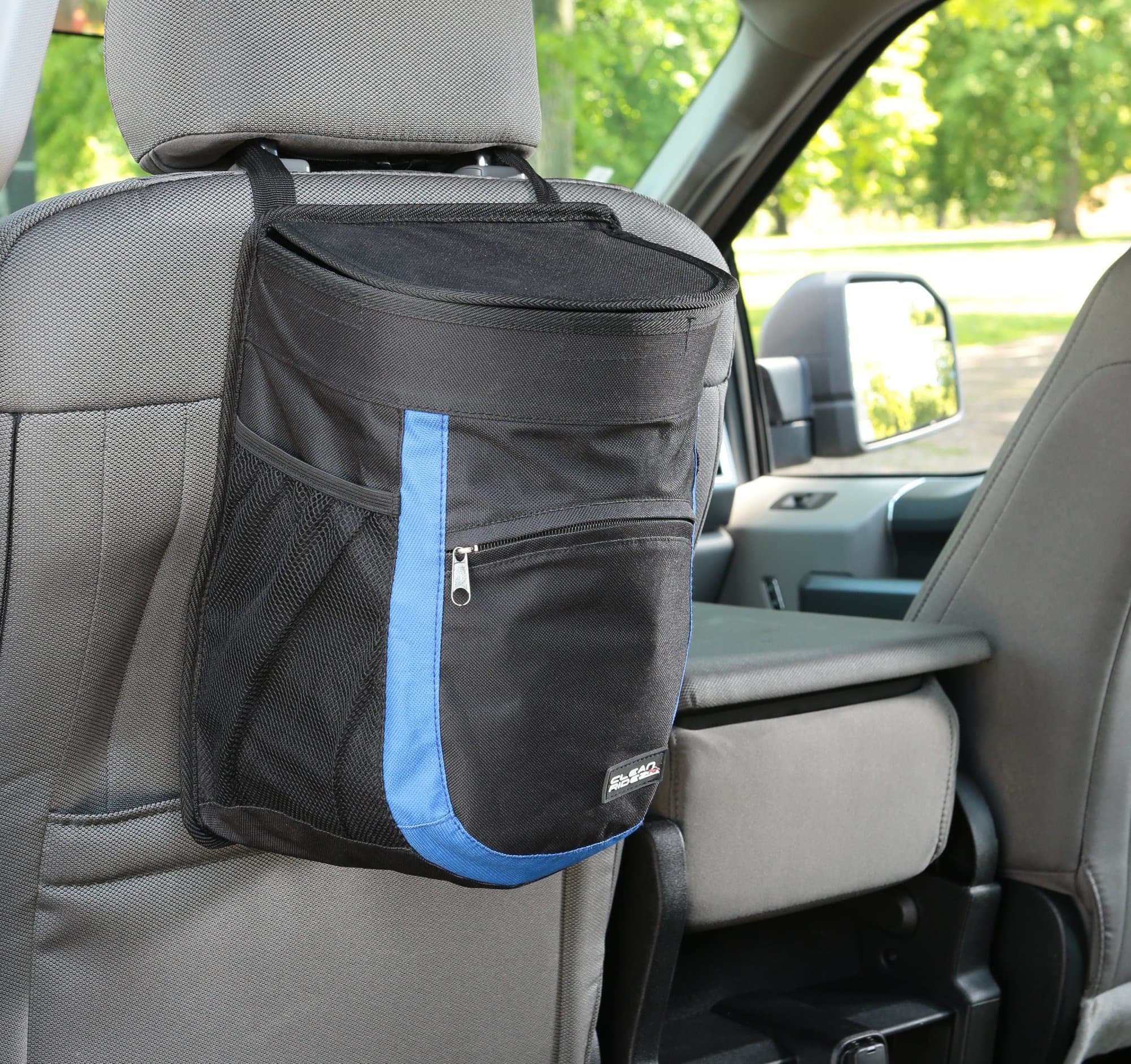 Clean Ridez Car Garbage Can with Ez Flip Lid & Vinyl Leakproof and Removable Liner - Highly Rated Car Trash Bag with Bottle Holders and Extra Storage Pocket - Blue
